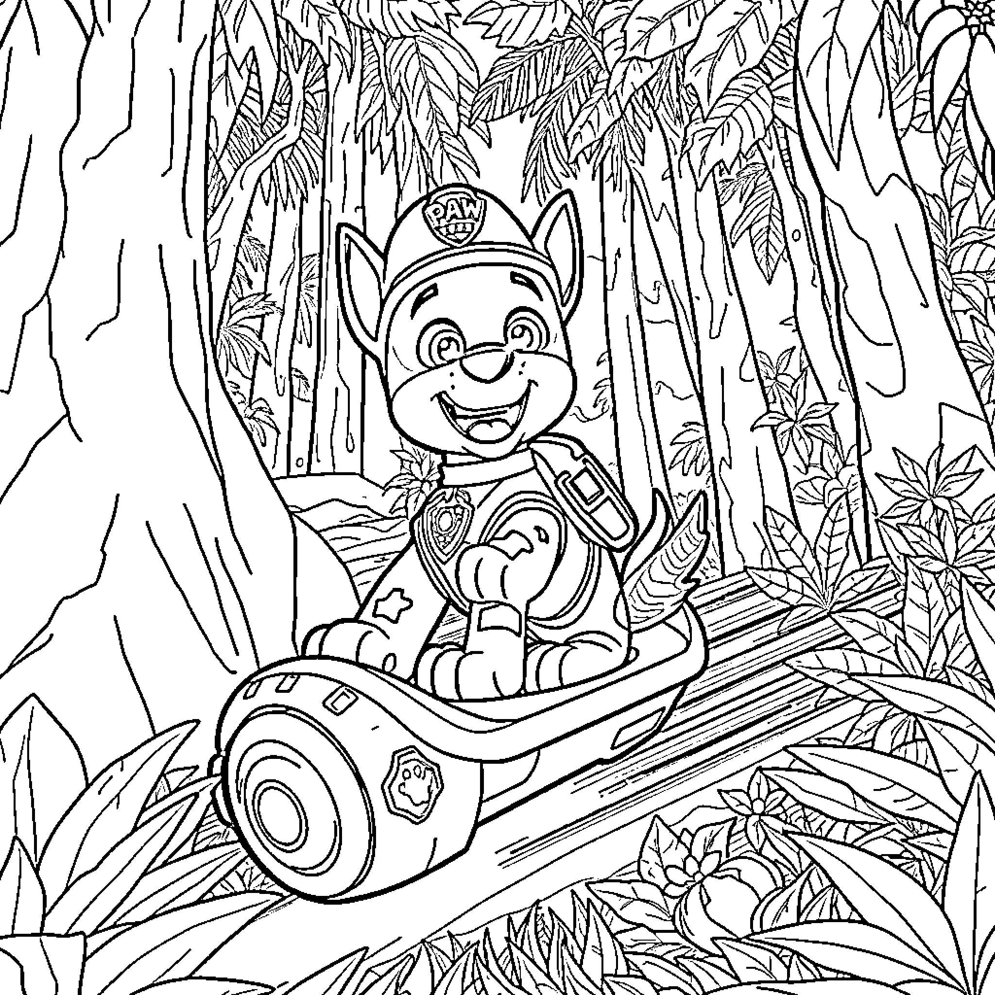 Pup exploring the jungle on his vehicle Coloring Page (free black-and-white line drawing printable PDF for all, from beginners to advanced learners, including children, teens, adults, and seniors)