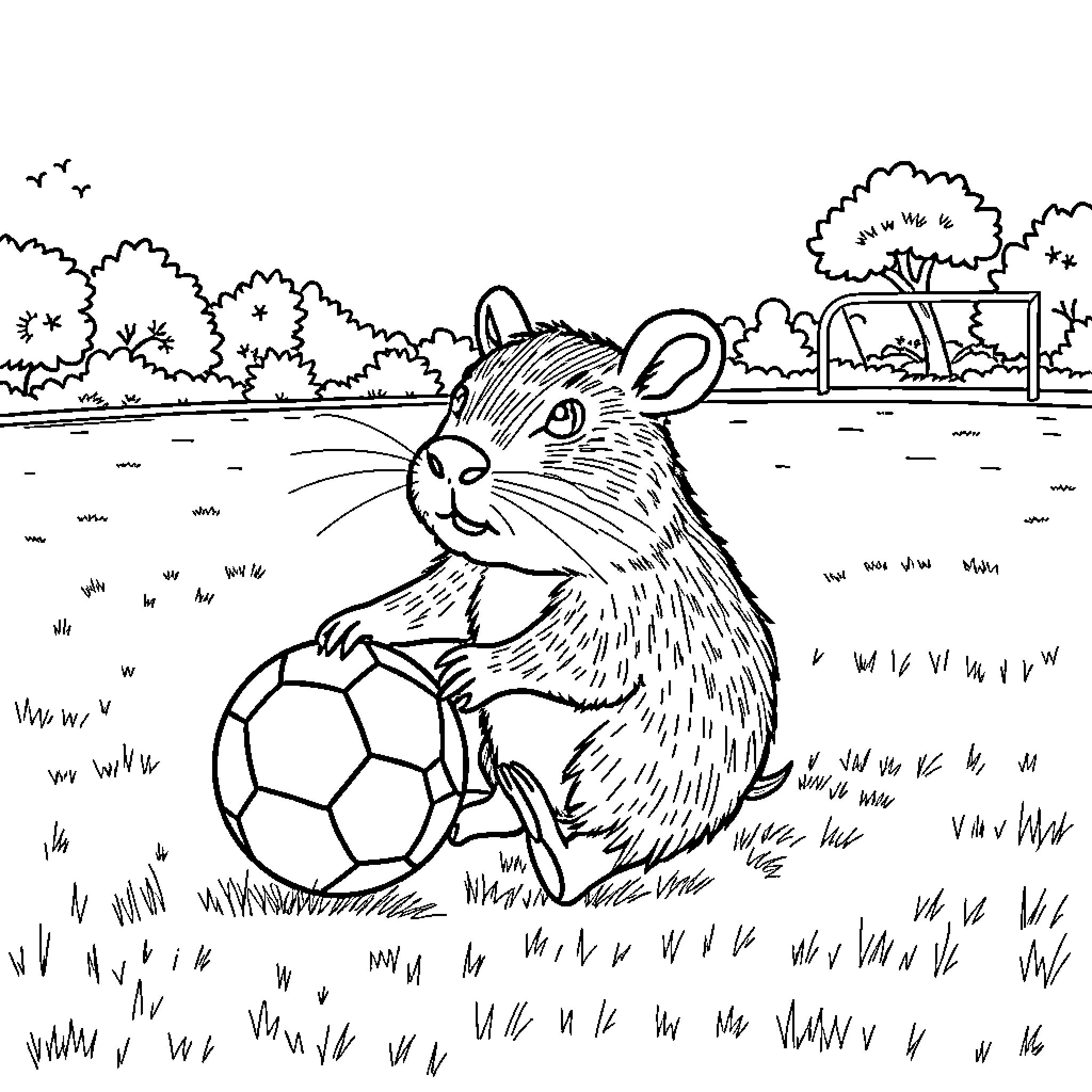 Capibara playing with soccer ball in nature Coloring Page (free black-and-white line drawing printable PDF for all, from beginners to advanced learners, including children, teens, adults, and seniors)