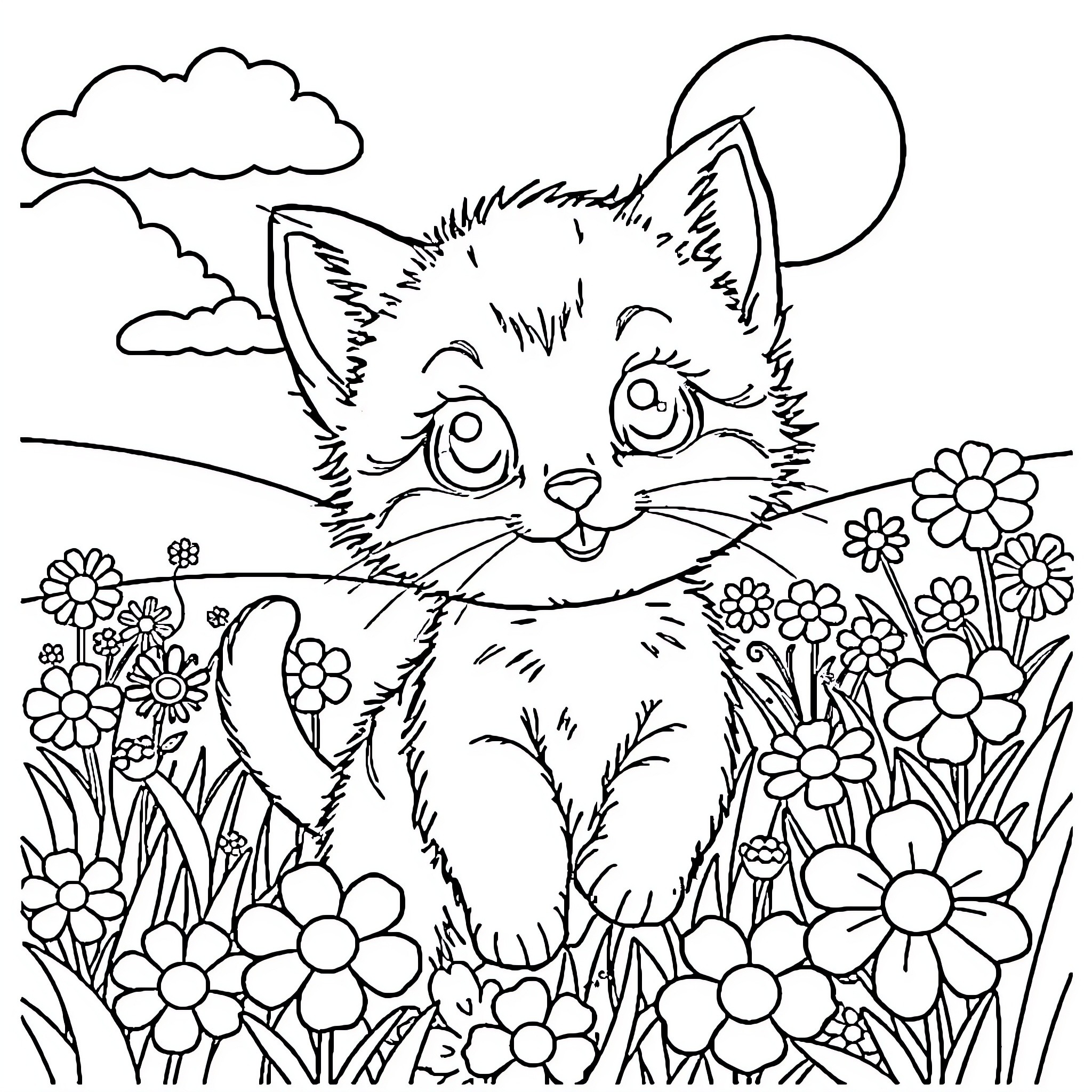 Kitten playing in the garden Coloring Page (free black-and-white line drawing printable PDF for all, from beginners to advanced learners, including children, teens, adults, and seniors)