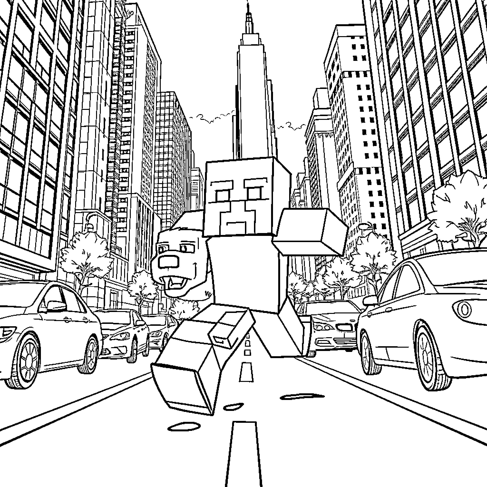 Creeper exploring the bustling city streets Coloring Page (free black-and-white line drawing printable PDF for all, from beginners to advanced learners, including children, teens, adults, and seniors)