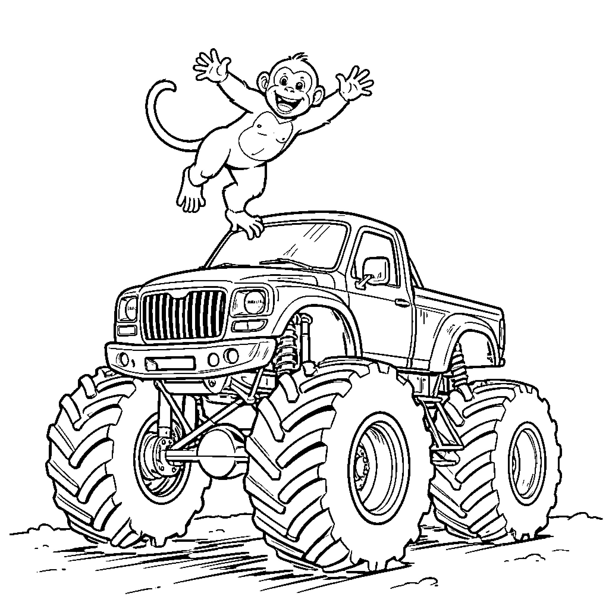 Monkey riding happily on a monster truck Coloring Page (free black-and-white line drawing printable PDF for all, from beginners to advanced learners, including children, teens, adults, and seniors)