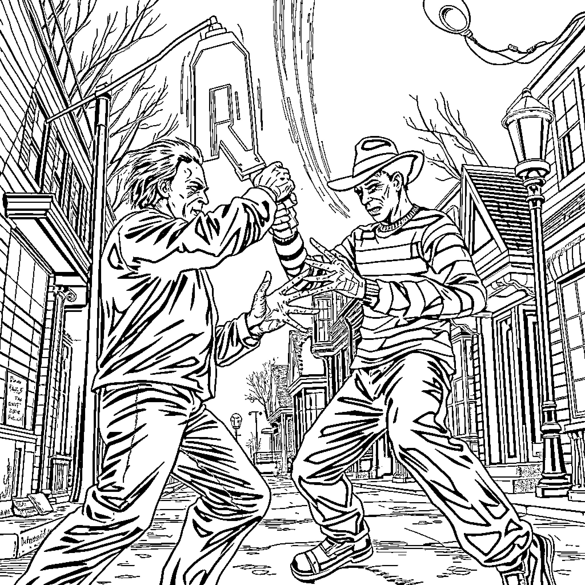 Michael Myers Confronting Freddy Krueger in Urban Setting Coloring Page (free black-and-white line drawing printable PDF for all, from beginners to advanced learners, including children, teens, adults, and seniors)