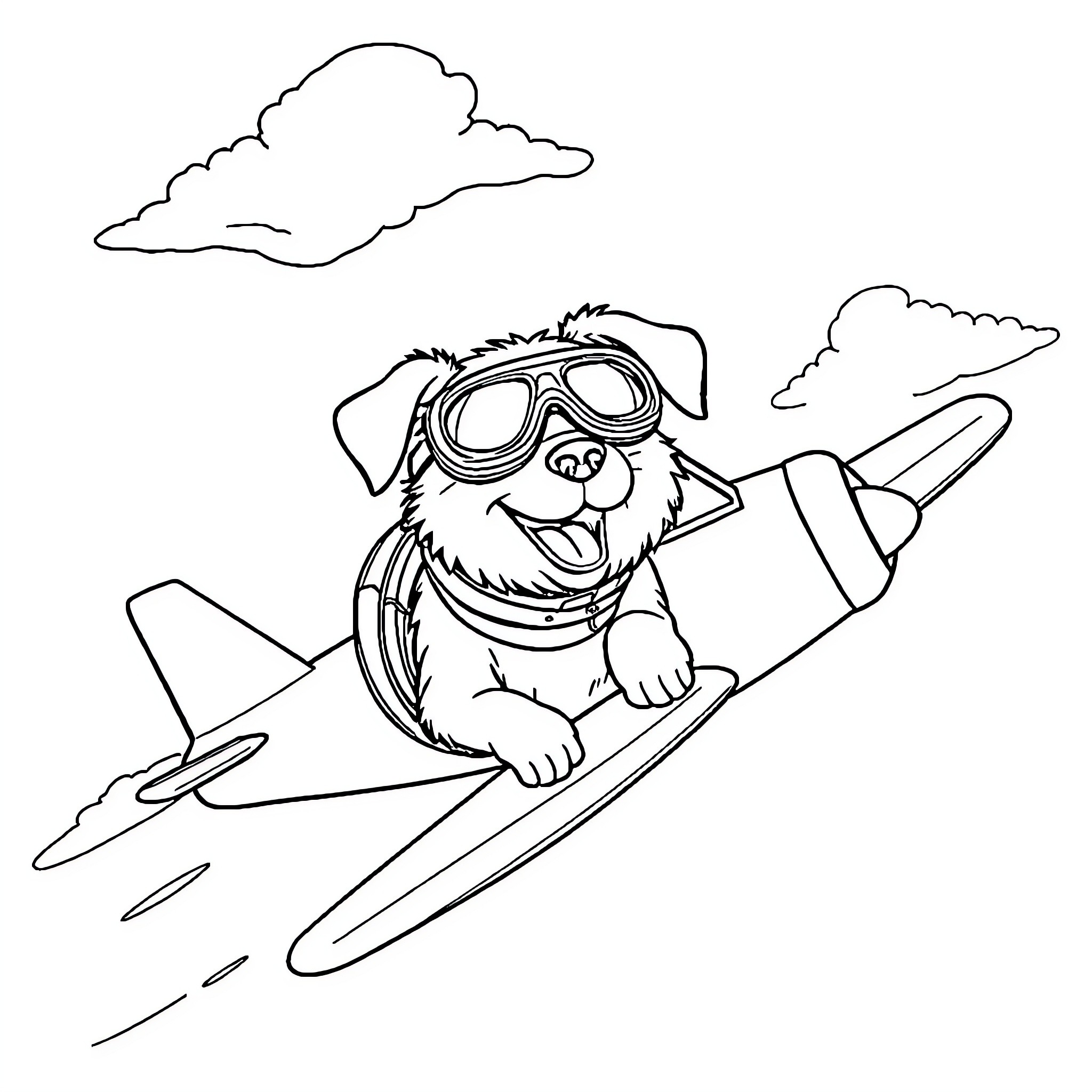 Dog flying with goggles in airplane Coloring Page (free black-and-white line drawing printable PDF for all, from beginners to advanced learners, including children, teens, adults, and seniors)