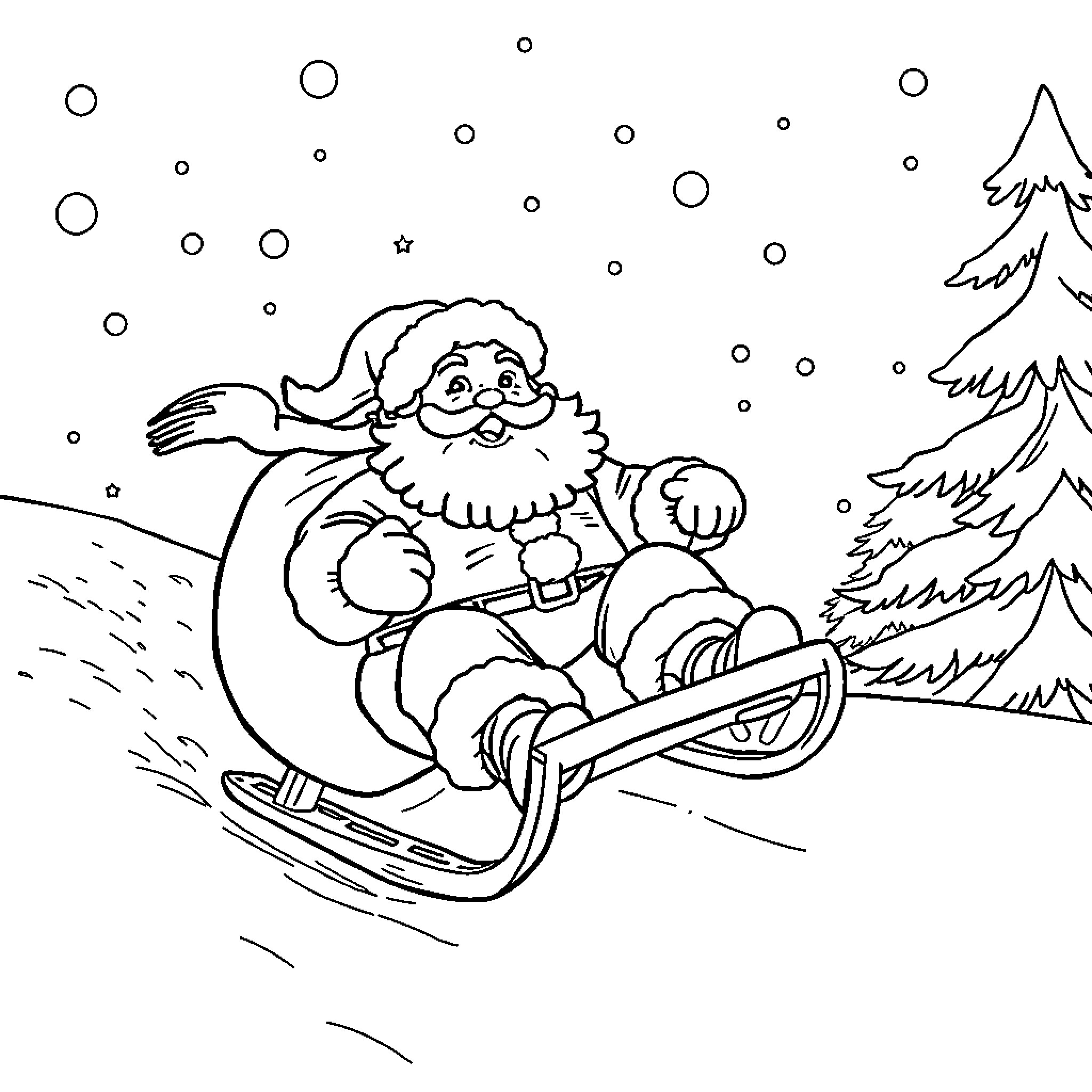Santa enjoying a snowy sled ride Coloring Page (free black-and-white line drawing printable PDF for all, from beginners to advanced learners, including children, teens, adults, and seniors)