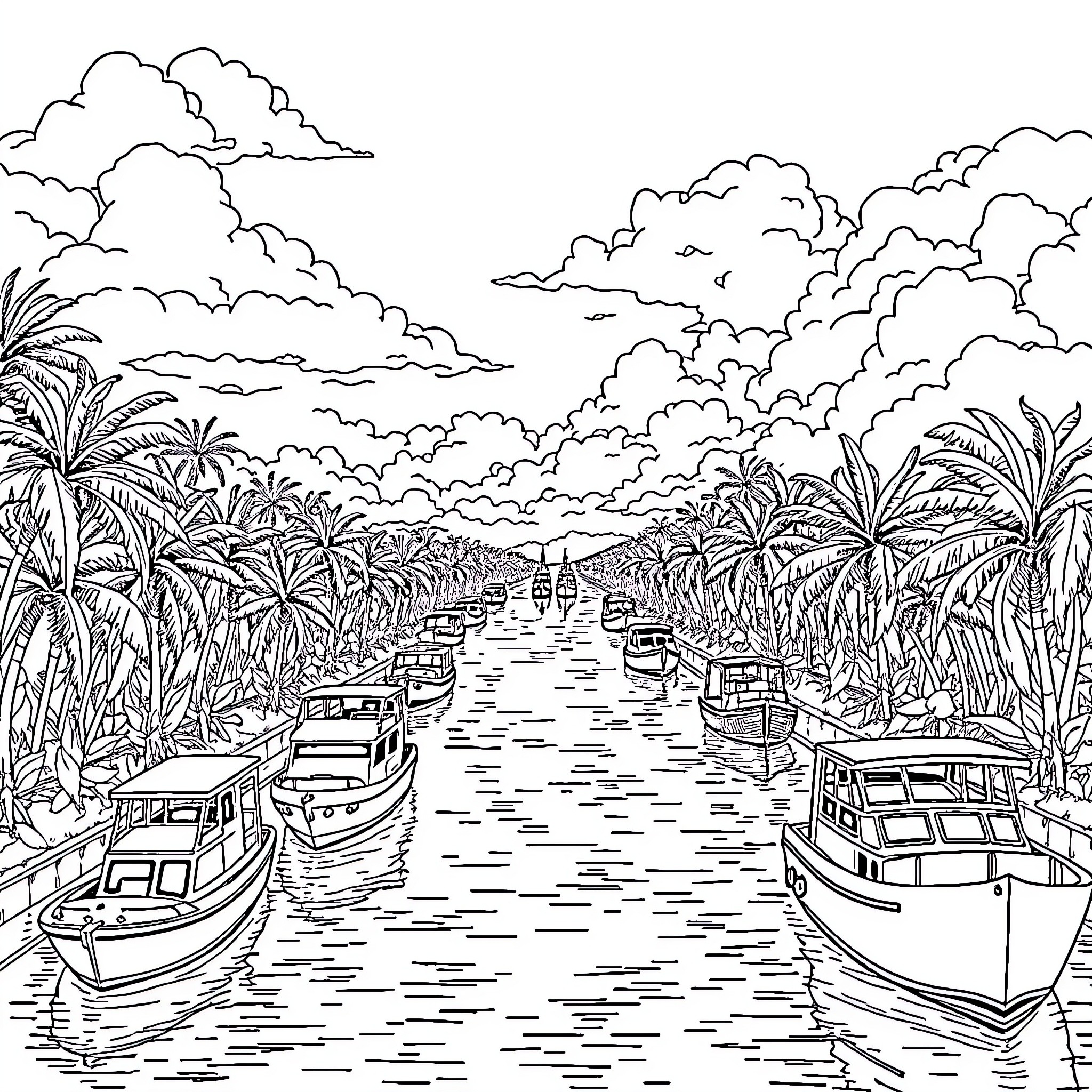 Panama Canal: Boats Navigating Waterway Amid Lush Tropical Scenery Coloring Page (free black-and-white line drawing printable PDF for all, from beginners to advanced learners, including children, teens, adults, and seniors)