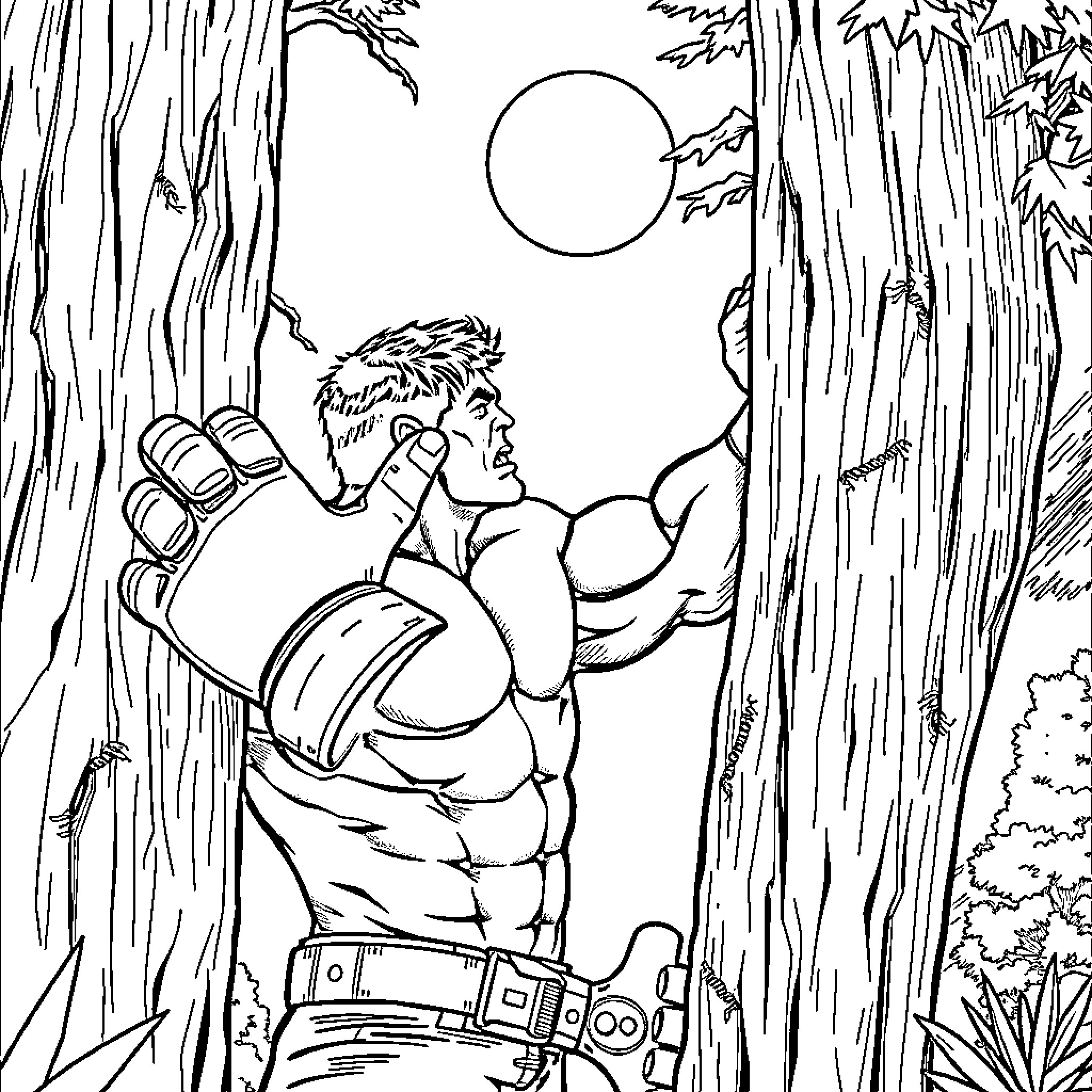 Hulk's Mighty Roar in the Jungle Coloring Page (free black-and-white line drawing printable PDF for all, from beginners to advanced learners, including children, teens, adults, and seniors)