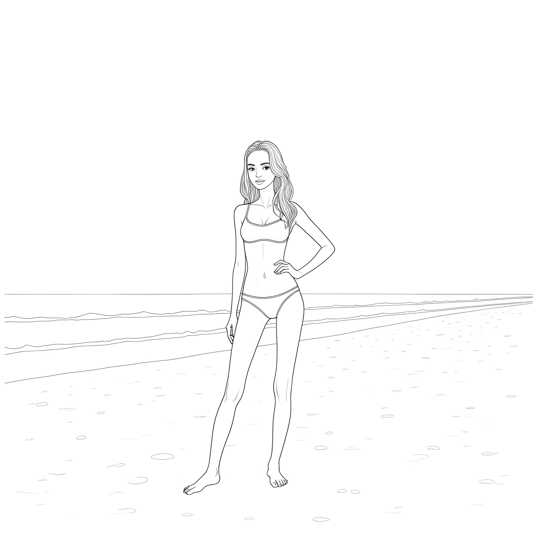 Girl in swimsuit on the beach Coloring Page (free black-and-white line drawing printable PDF for all, from beginners to advanced learners, including children, teens, adults, and seniors)