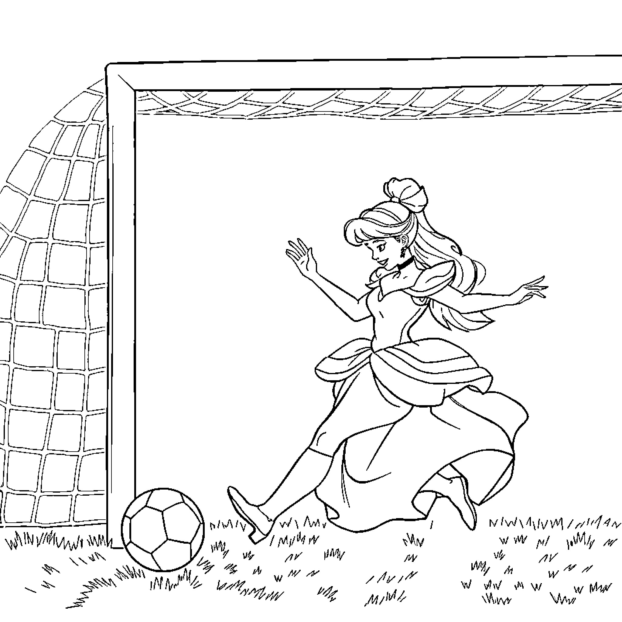 Cinderella playing with soccer ball in garden Coloring Page (free black-and-white line drawing printable PDF for all, from beginners to advanced learners, including children, teens, adults, and seniors)