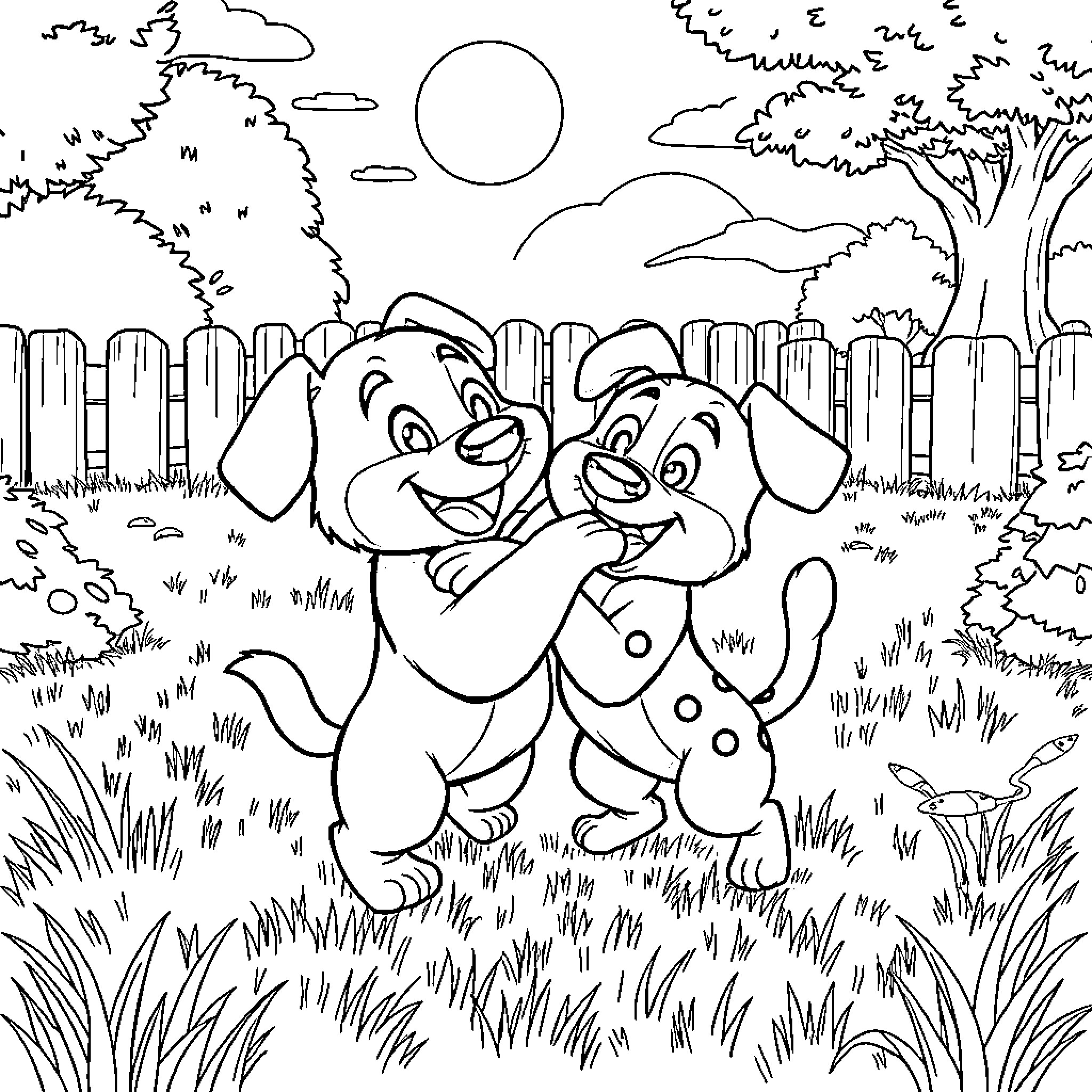 Bluey and Bingo playing joyfully in the backyard Coloring Page (free black-and-white line drawing printable PDF for all, from beginners to advanced learners, including children, teens, adults, and seniors)