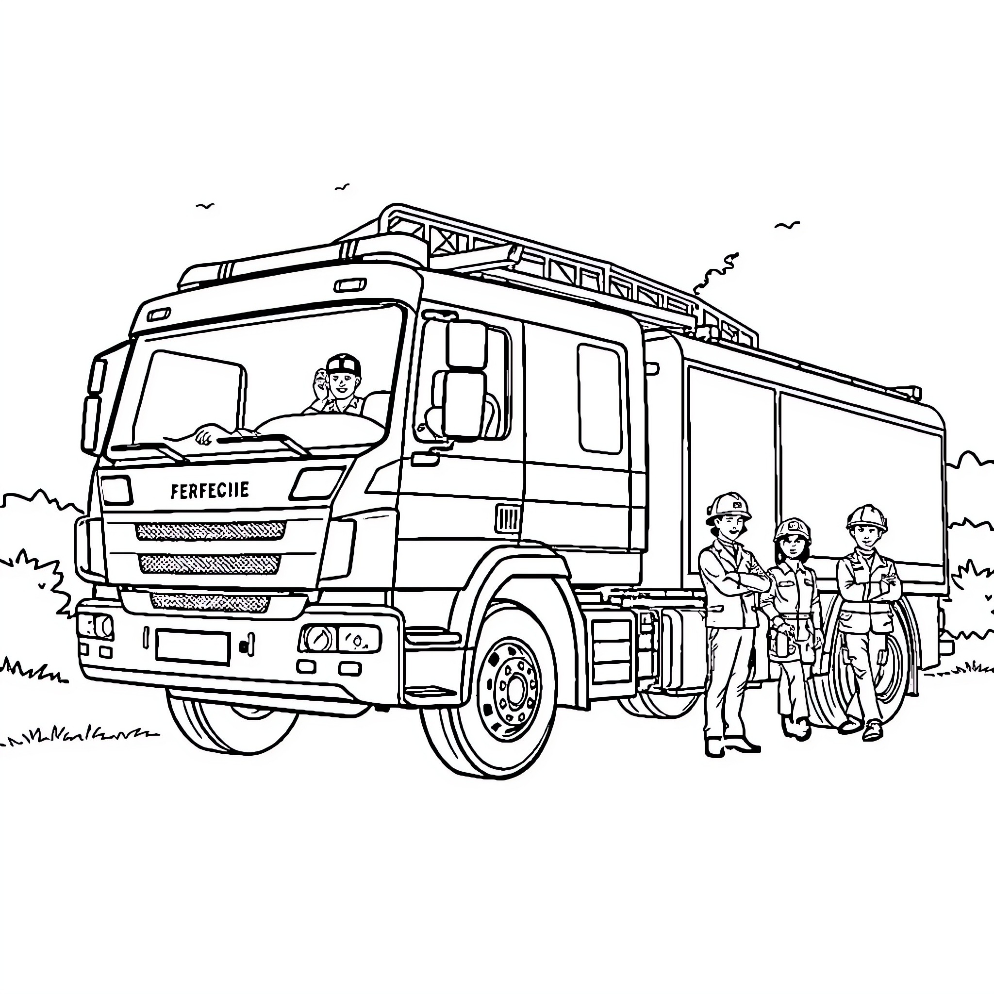 Firefighters operating their emergency fire truck Coloring Page (free black-and-white line drawing printable PDF for all, from beginners to advanced learners, including children, teens, adults, and seniors)