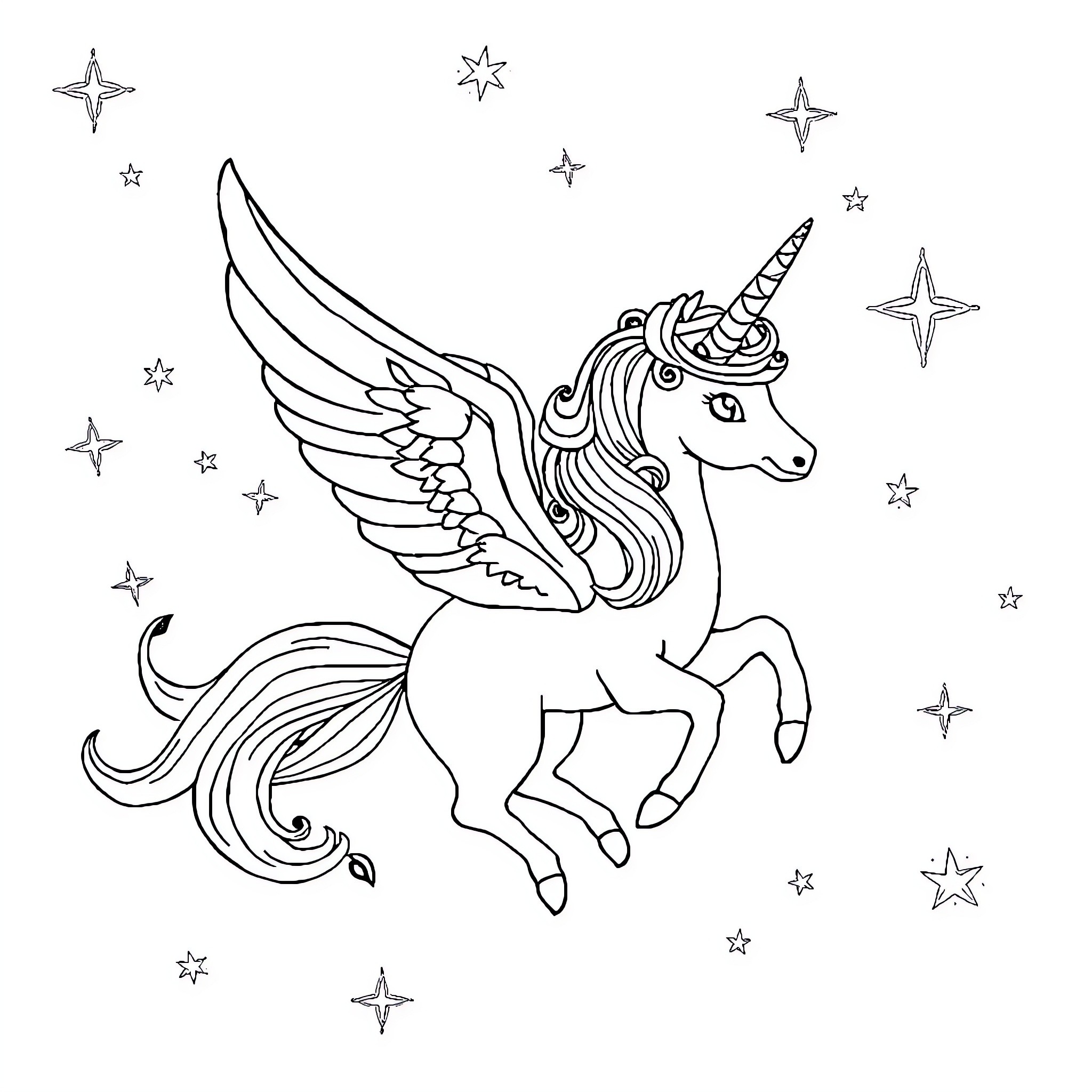 Unicorn soaring through starry skies Coloring Page (free black-and-white line drawing printable PDF for all, from beginners to advanced learners, including children, teens, adults, and seniors)