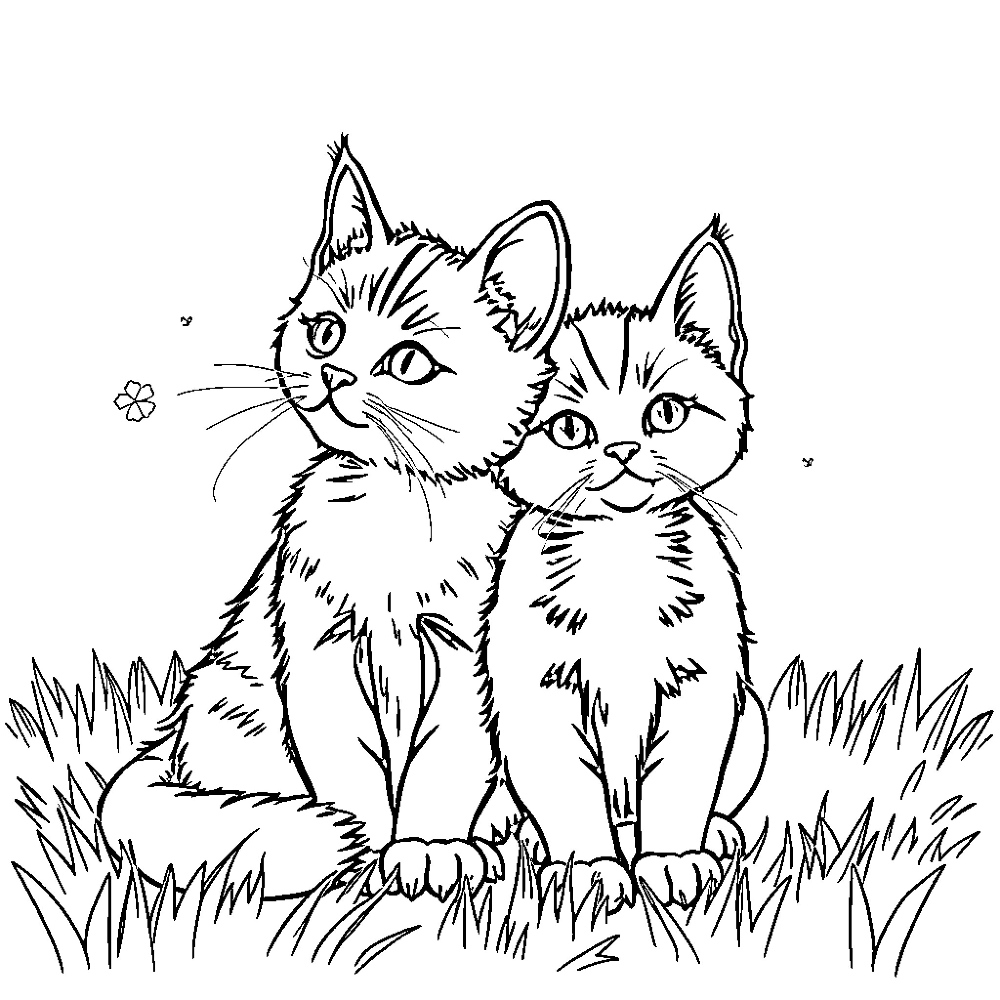 Cat kittens sitting in the grass Coloring Page (free black-and-white line drawing printable PDF for all, from beginners to advanced learners, including children, teens, adults, and seniors)