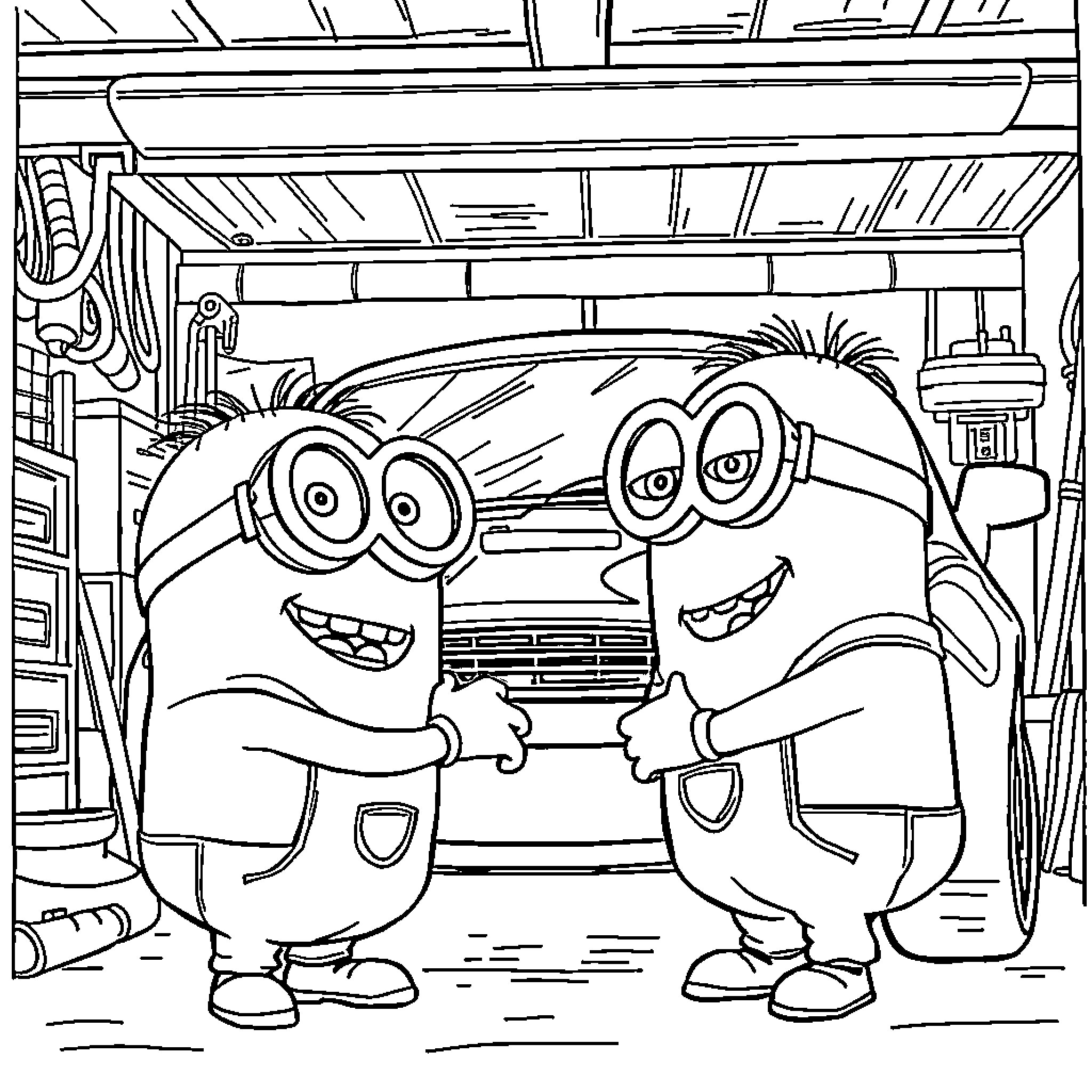 Minions working happily in the workshop Coloring Page (free black-and-white line drawing printable PDF for all, from beginners to advanced learners, including children, teens, adults, and seniors)