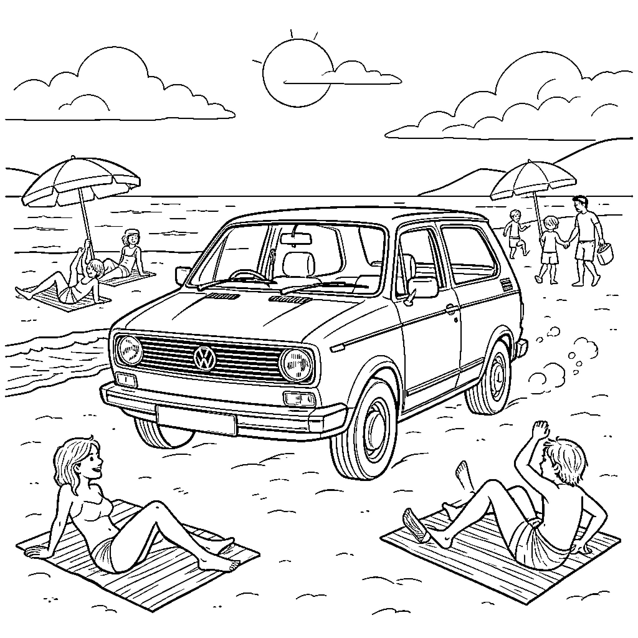 VW Type 181 enjoying the beach with people Coloring Page (free black-and-white line drawing printable PDF for all, from beginners to advanced learners, including children, teens, adults, and seniors)
