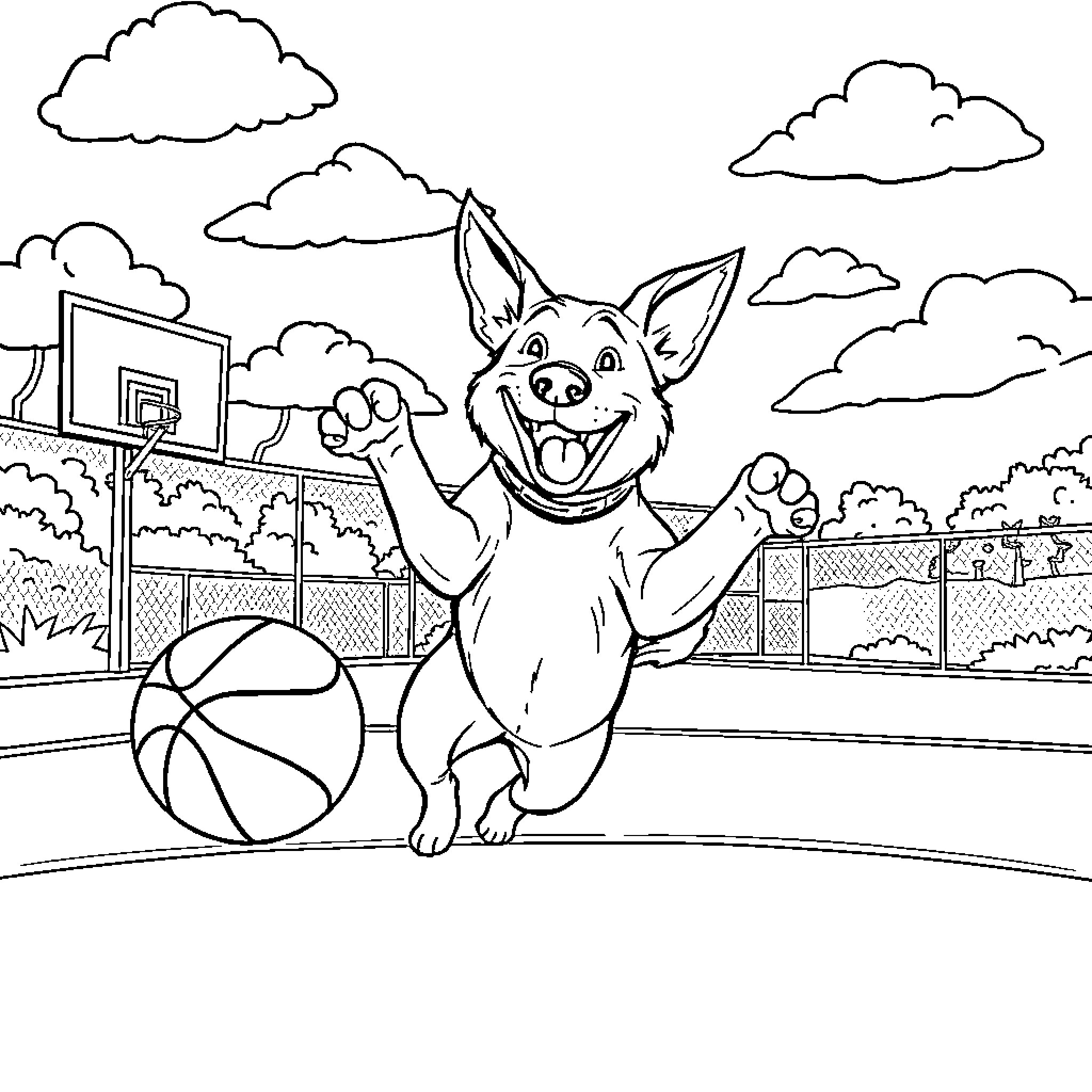 Dog playing happily with basketball on outdoor court Coloring Page (free black-and-white line drawing printable PDF for all, from beginners to advanced learners, including children, teens, adults, and seniors)