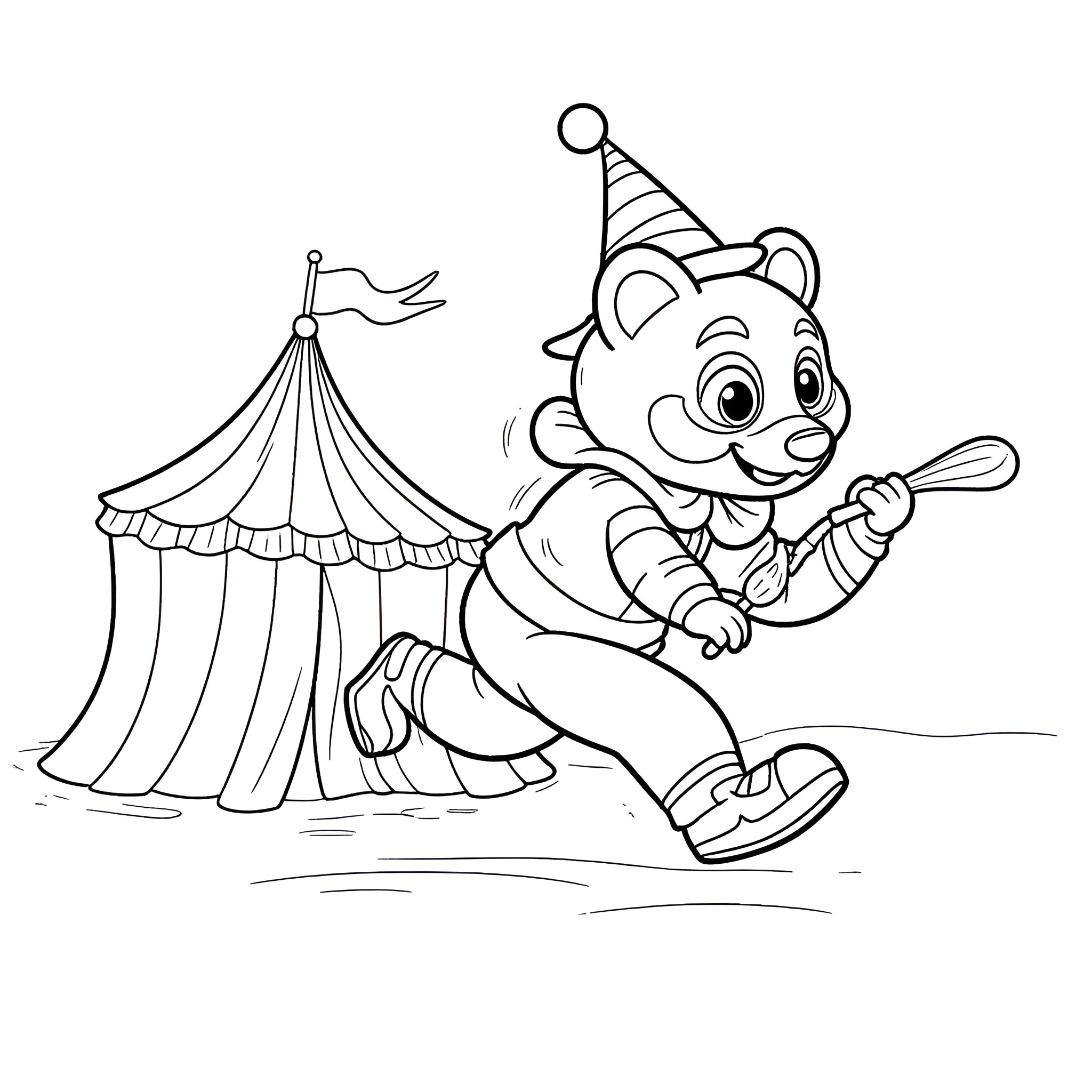 Panda clown celebrating at the circus Coloring Page (free black-and-white line drawing printable PDF for all, from beginners to advanced learners, including children, teens, adults, and seniors)