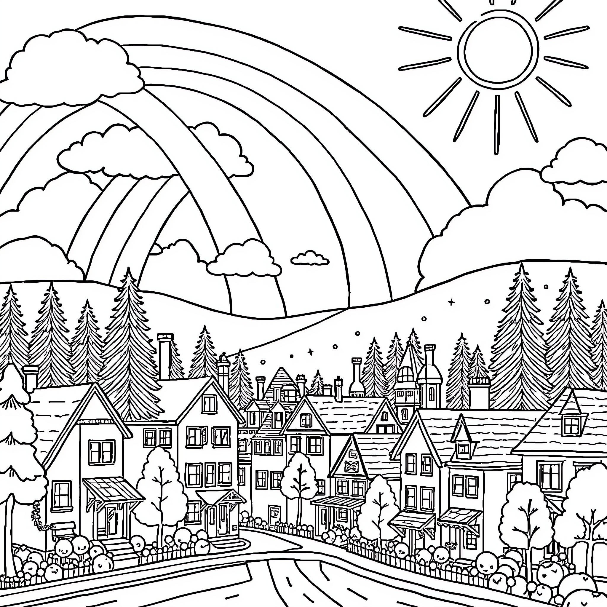 City with Rainbow and Sunshine Coloring Page (free black-and-white line drawing printable PDF for all, from beginners to advanced learners, including children, teens, adults, and seniors)