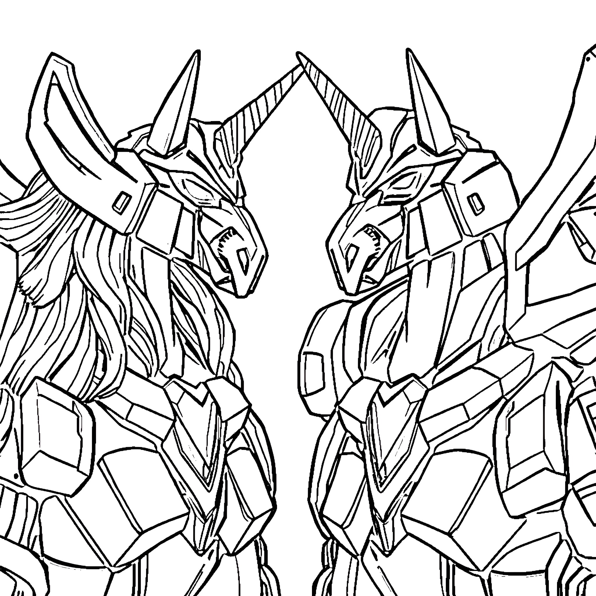 Unicorn robots engaging in an intense battle Coloring Page (free black-and-white line drawing printable PDF for all, from beginners to advanced learners, including children, teens, adults, and seniors)