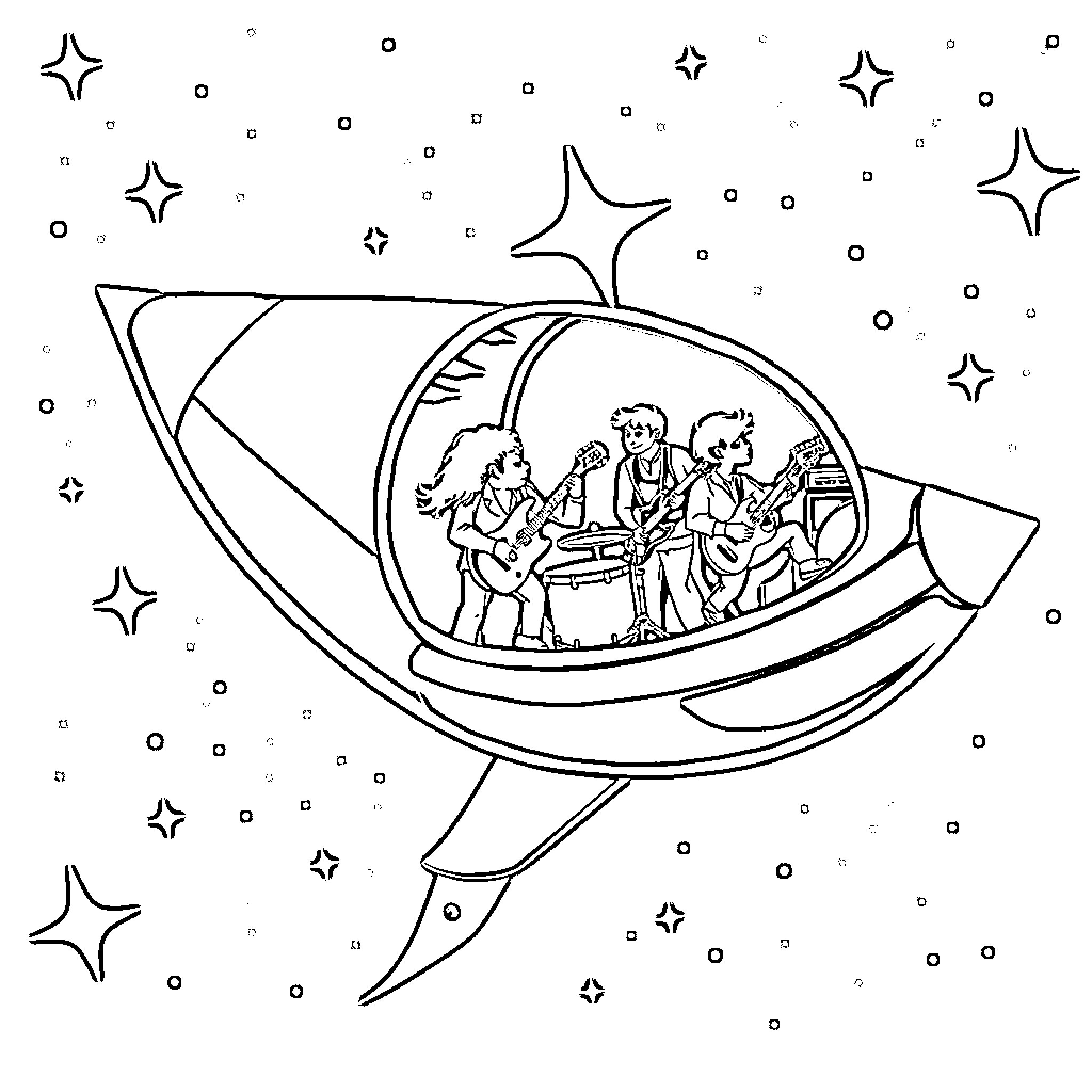 Rock Band Performing in Futuristic Spacecraft Coloring Page (free black-and-white line drawing printable PDF for all, from beginners to advanced learners, including children, teens, adults, and seniors)