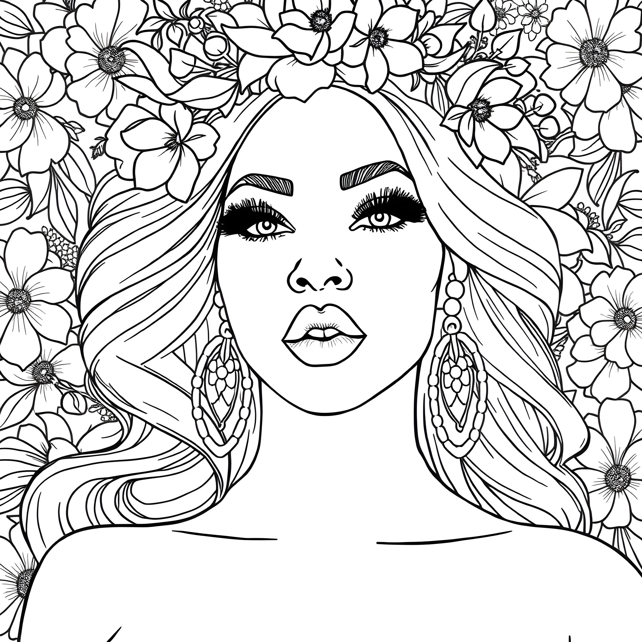 Nicki Minaj Surrounded by Vibrant Floral Blooms Coloring Page (free black-and-white line drawing printable PDF for all, from beginners to advanced learners, including children, teens, adults, and seniors)