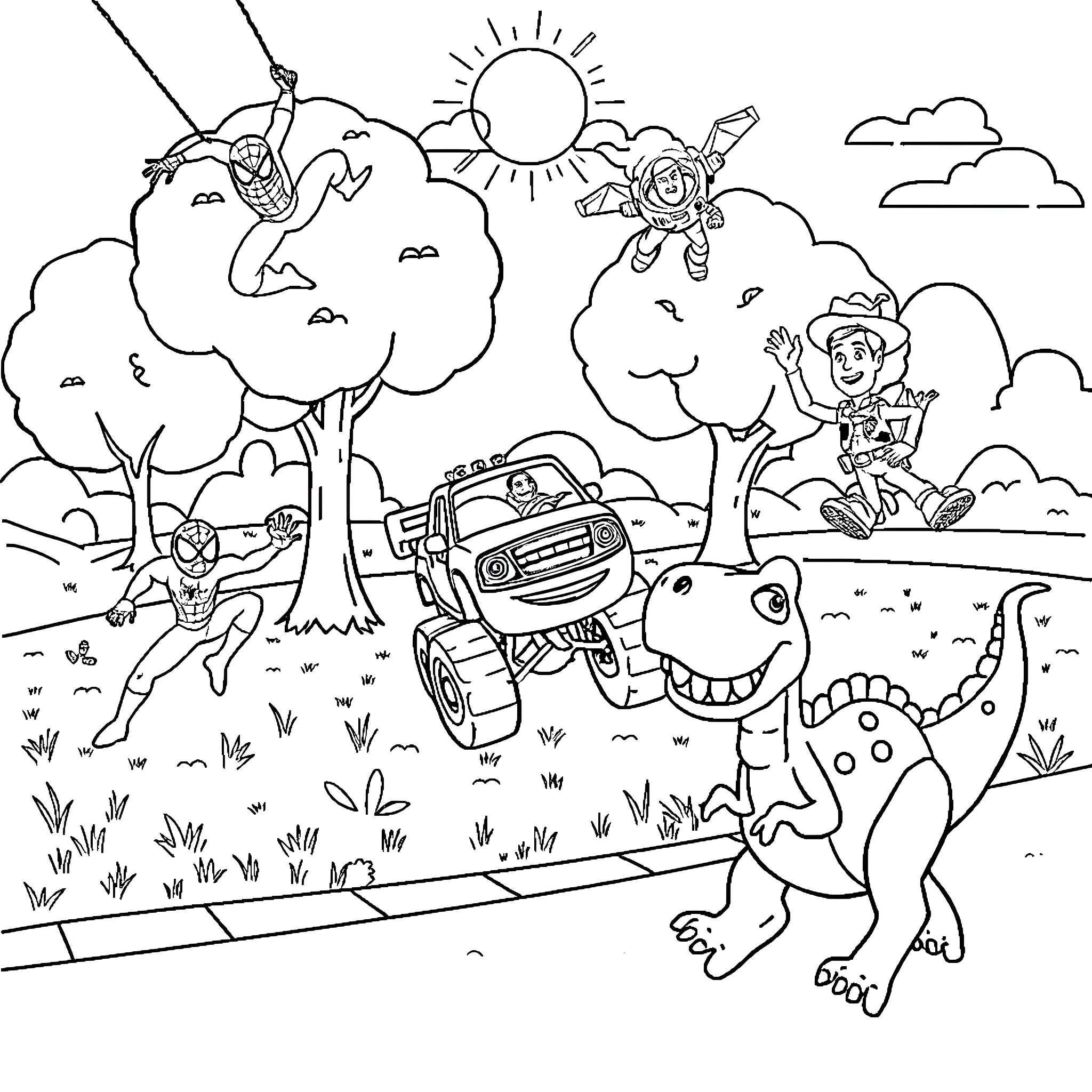 Character Adventure in Outdoor Wonderland Coloring Page (free black-and-white line drawing printable PDF for all, from beginners to advanced learners, including children, teens, adults, and seniors)