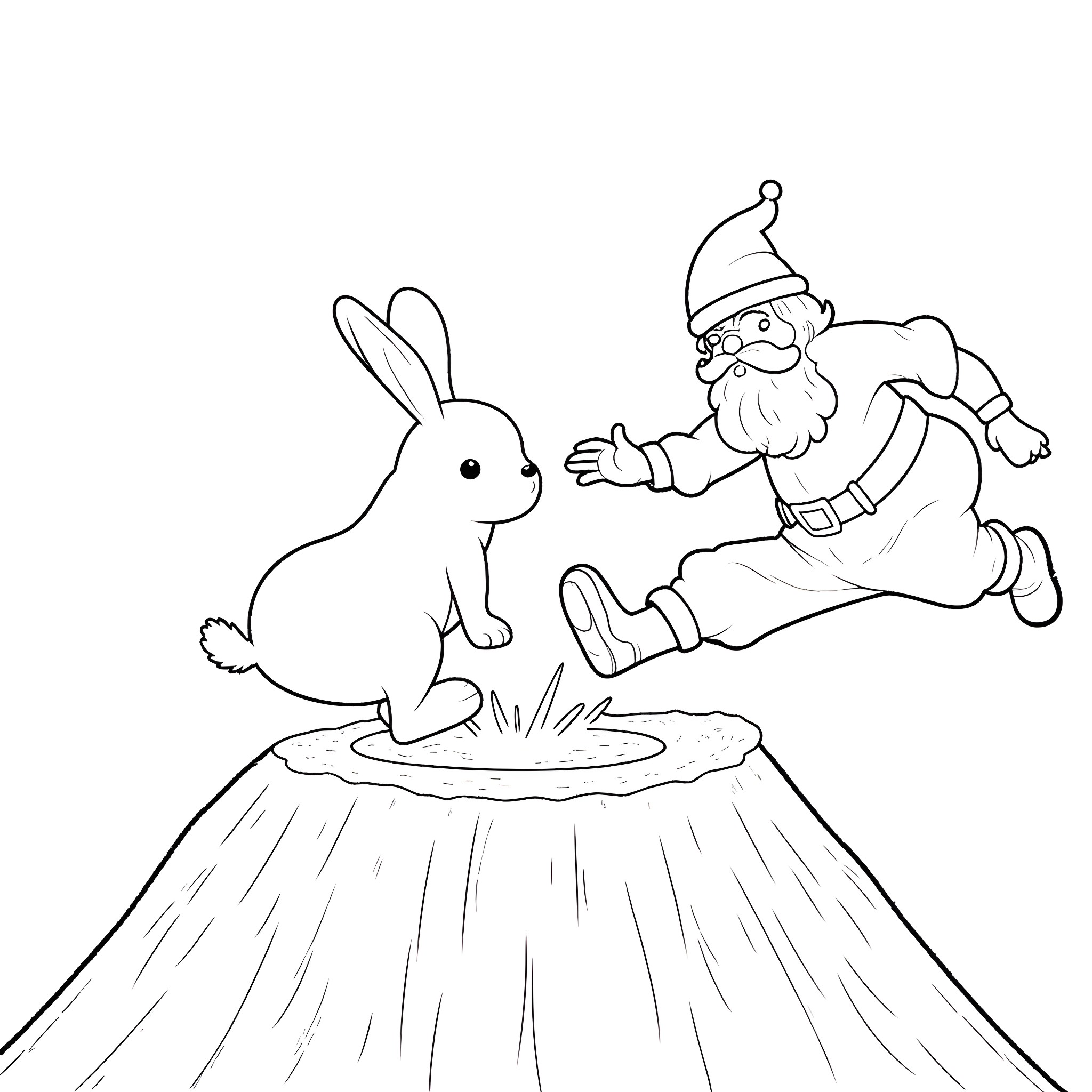 Bunny and Santa playing together in the snow Coloring Page (free black-and-white line drawing printable PDF for all, from beginners to advanced learners, including children, teens, adults, and seniors)