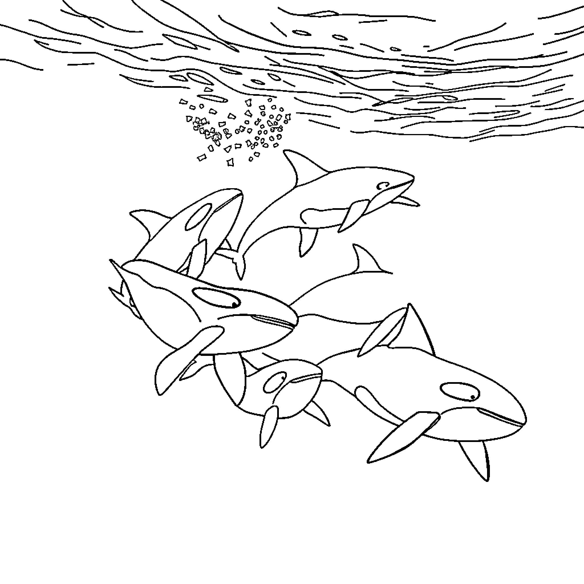 Whale family swimming in the ocean Coloring Page (free black-and-white line drawing printable PDF for all, from beginners to advanced learners, including children, teens, adults, and seniors)