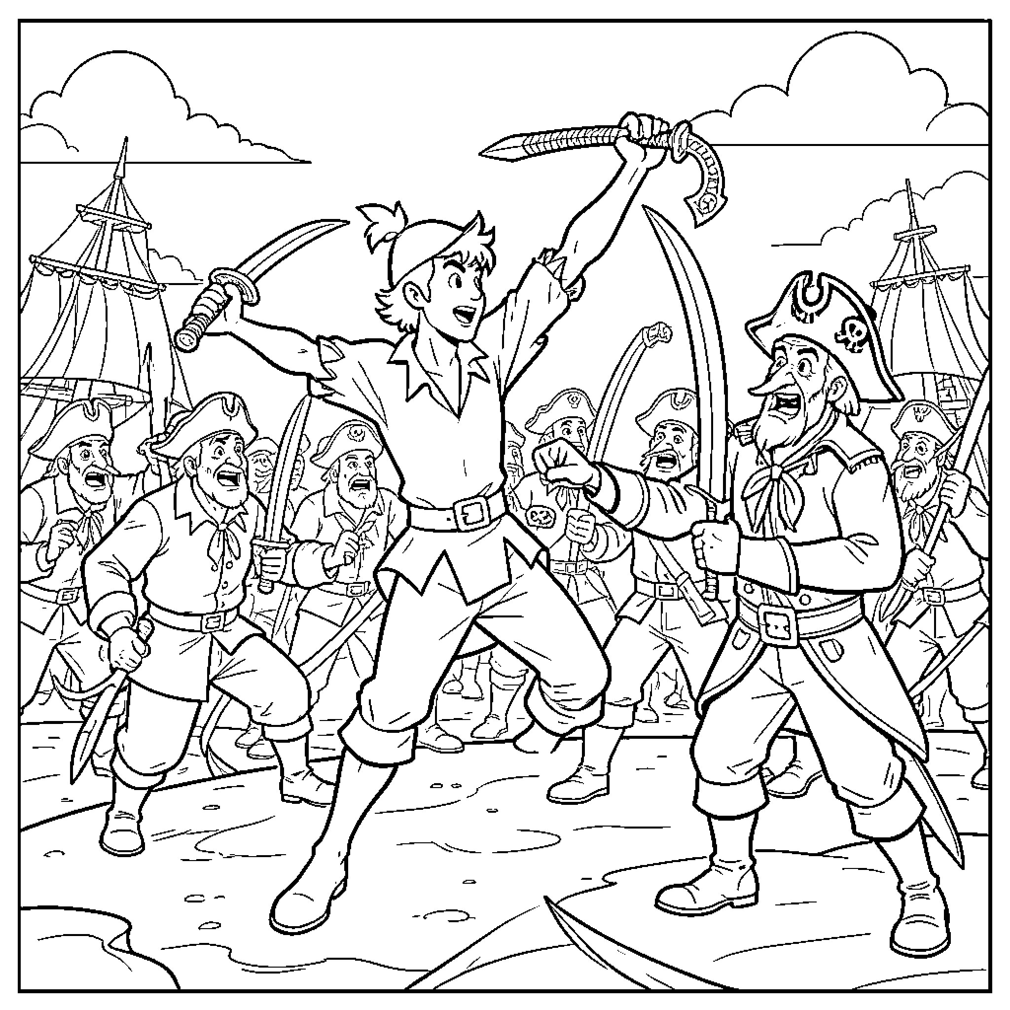 Peter Pan leading a pirate crew in an adventure Coloring Page (free black-and-white line drawing printable PDF for all, from beginners to advanced learners, including children, teens, adults, and seniors)