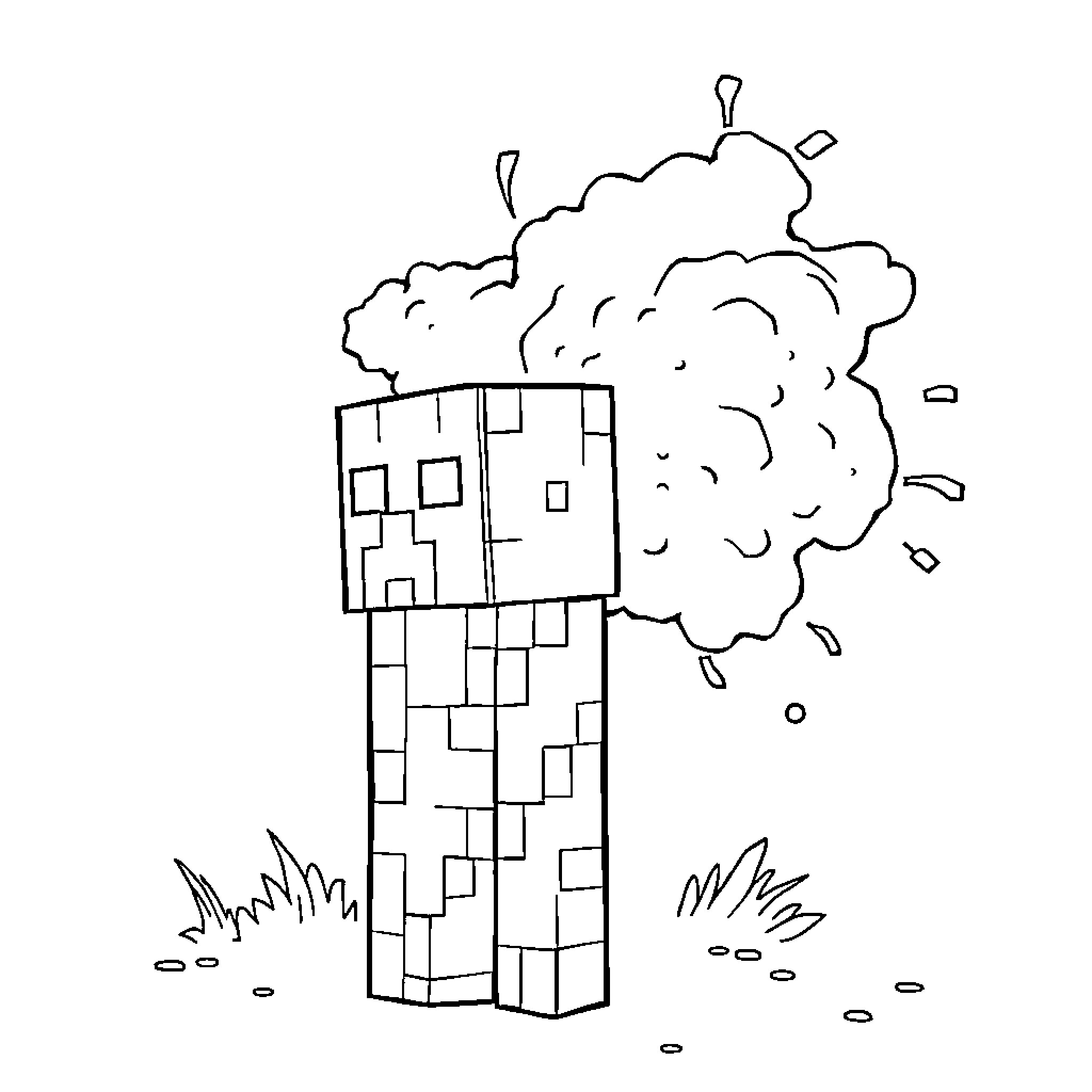 Creeper exploring the damaged building Coloring Page (free black-and-white line drawing printable PDF for all, from beginners to advanced learners, including children, teens, adults, and seniors)