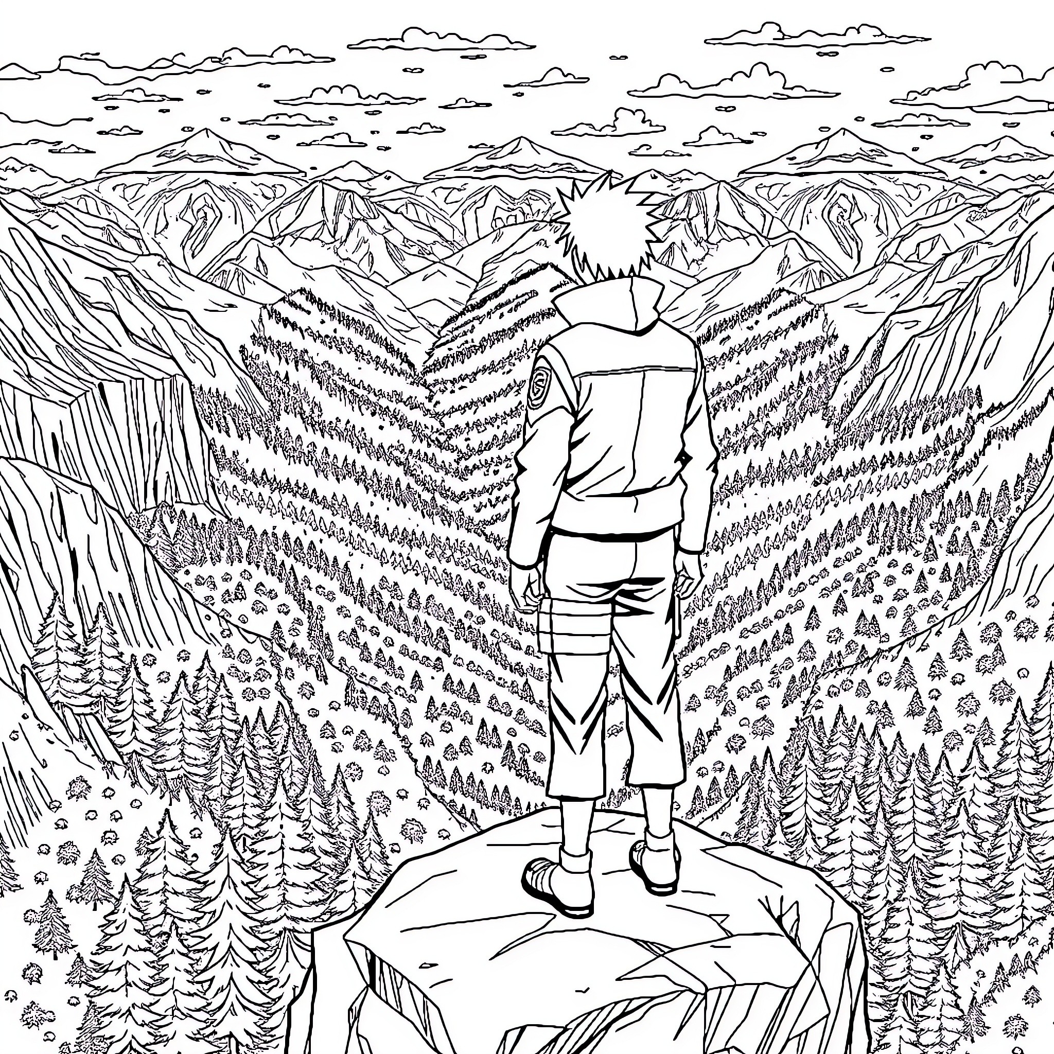 Naruto overlooking the vast mountain landscape Coloring Page (free black-and-white line drawing printable PDF for all, from beginners to advanced learners, including children, teens, adults, and seniors)