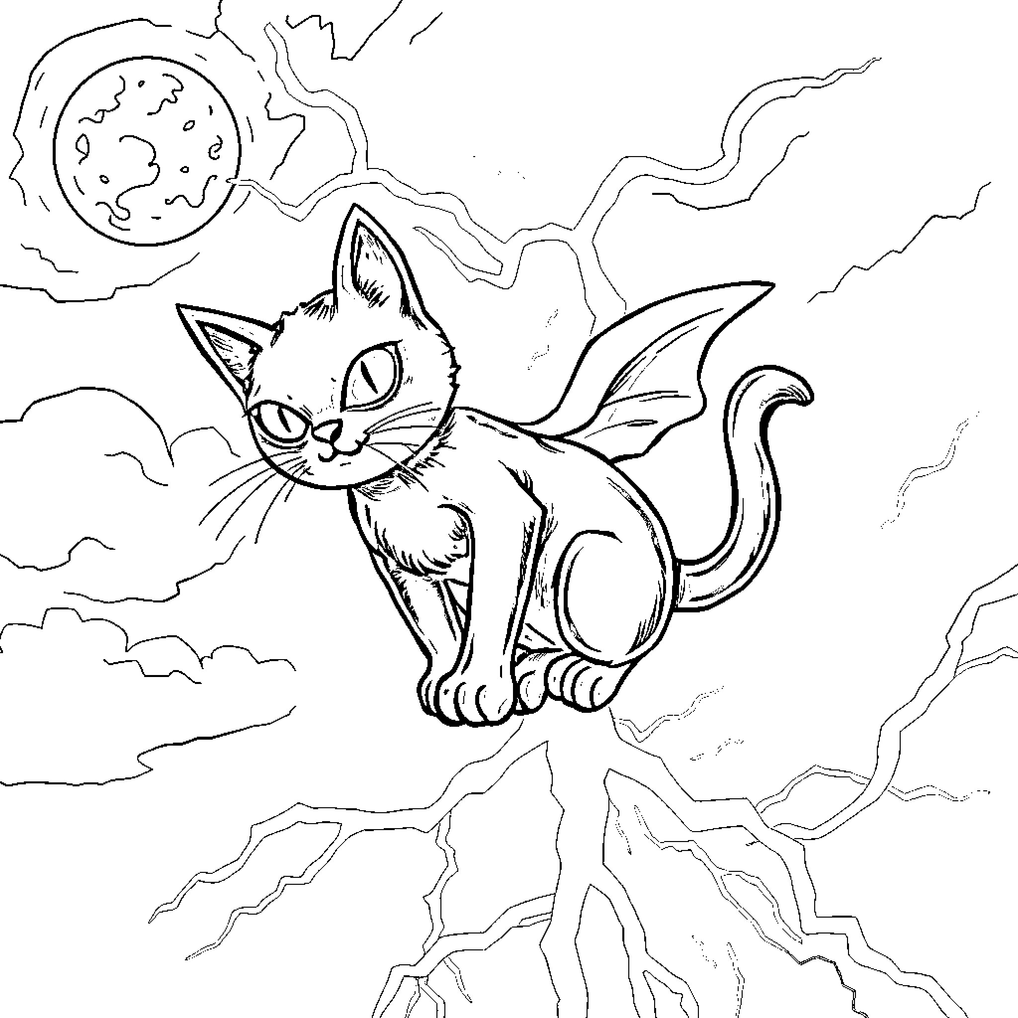 Cat in the Moonlight Coloring Page (free black-and-white line drawing printable PDF for all, from beginners to advanced learners, including children, teens, adults, and seniors)