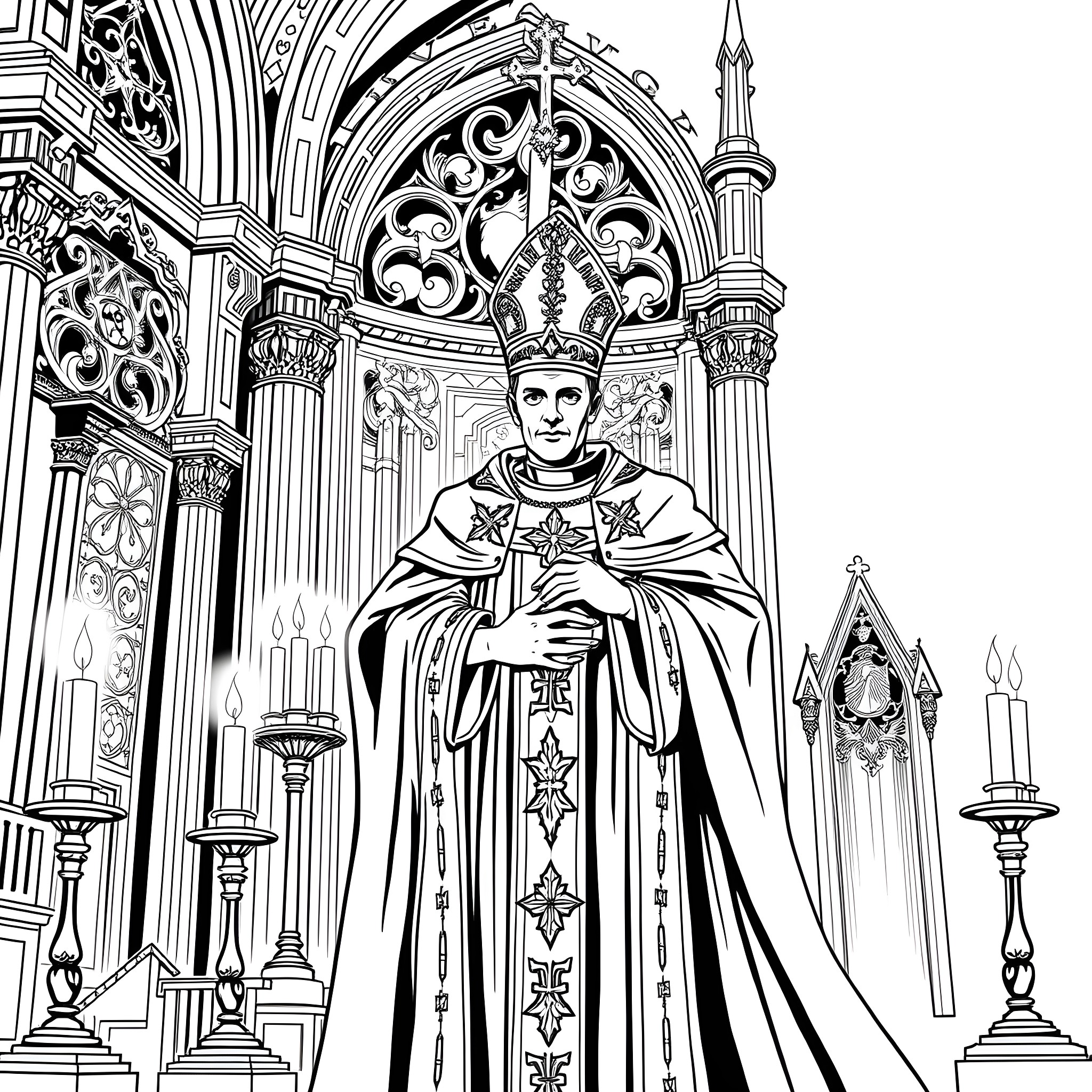 Papa Emeritus IV presiding over an ornate cathedral Coloring Page (free black-and-white line drawing printable PDF for all, from beginners to advanced learners, including children, teens, adults, and seniors)