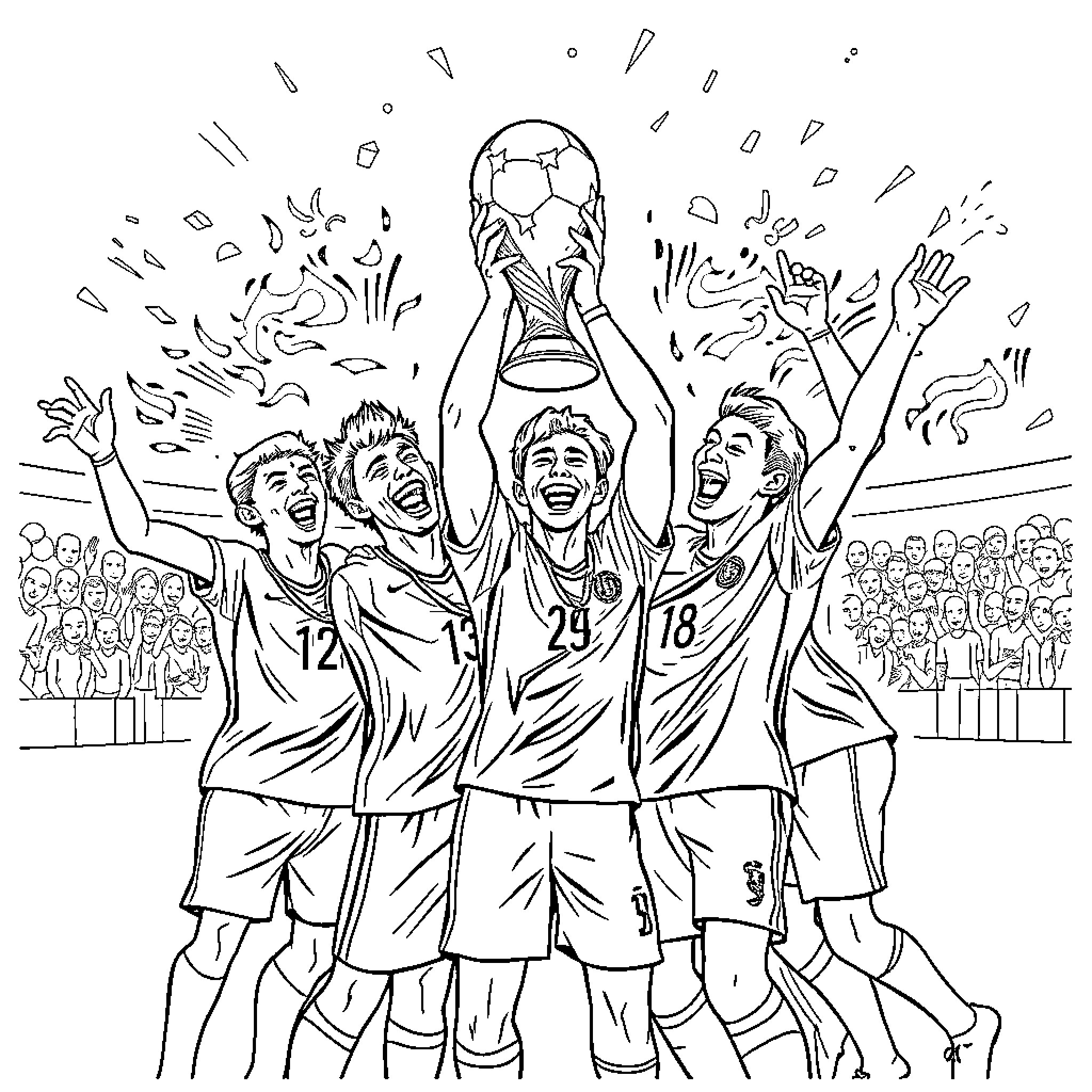 Portugal soccer team celebrating victory on field Coloring Page (free black-and-white line drawing printable PDF for all, from beginners to advanced learners, including children, teens, adults, and seniors)