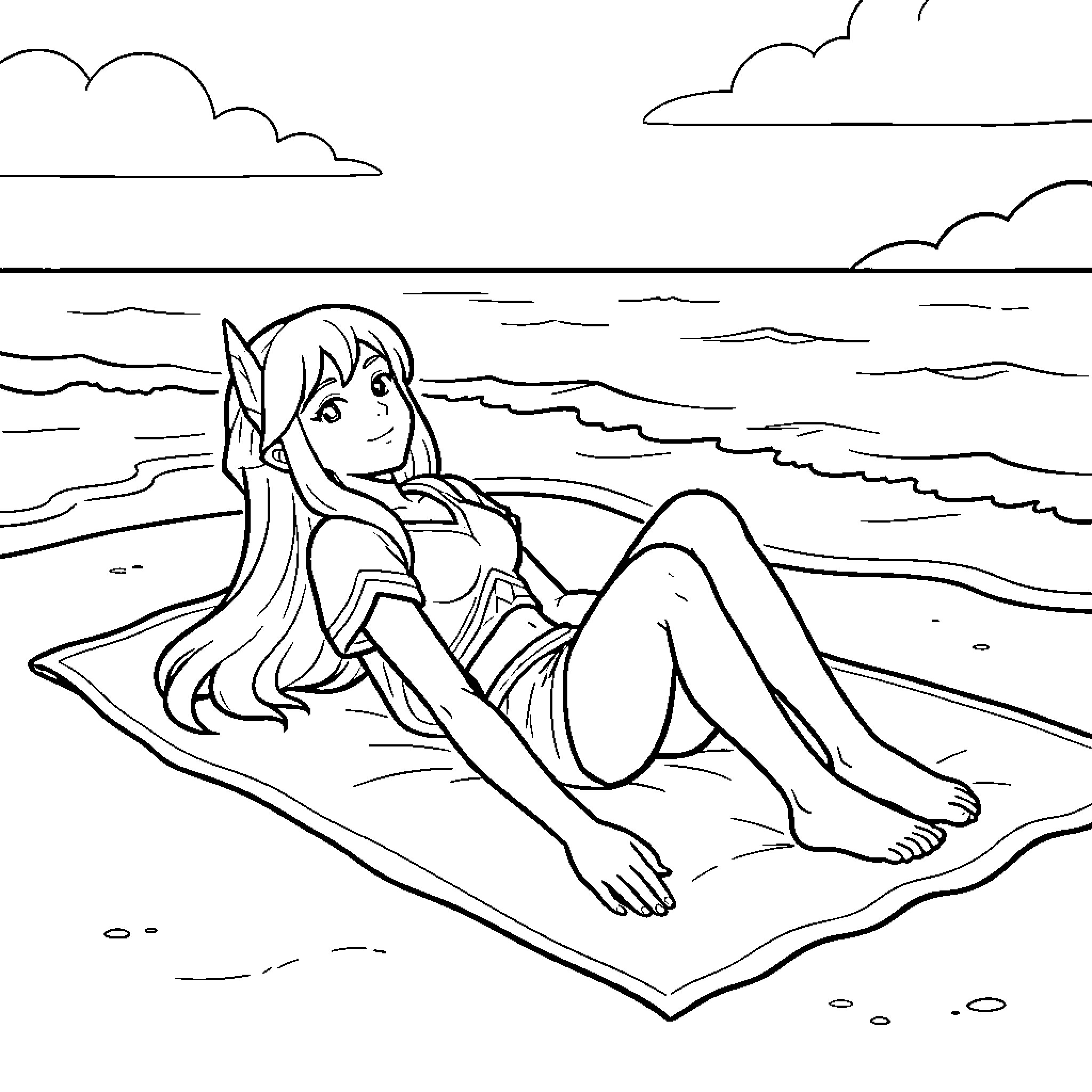 Nayru relaxing on a beach towel by the sea Coloring Page (free black-and-white line drawing printable PDF for all, from beginners to advanced learners, including children, teens, adults, and seniors)