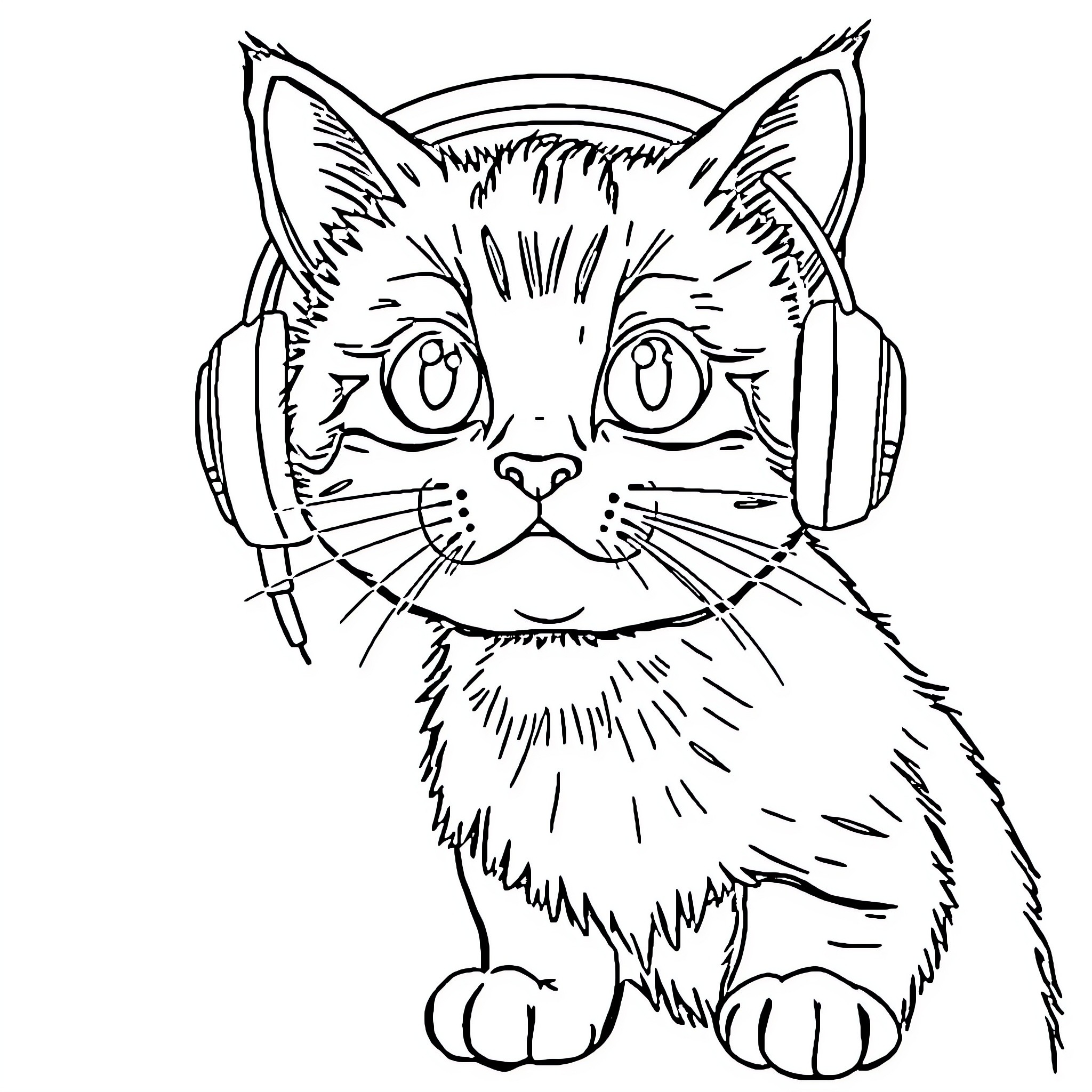 Cat wearing headphones with a surprised expression Coloring Page (free black-and-white line drawing printable PDF for all, from beginners to advanced learners, including children, teens, adults, and seniors)