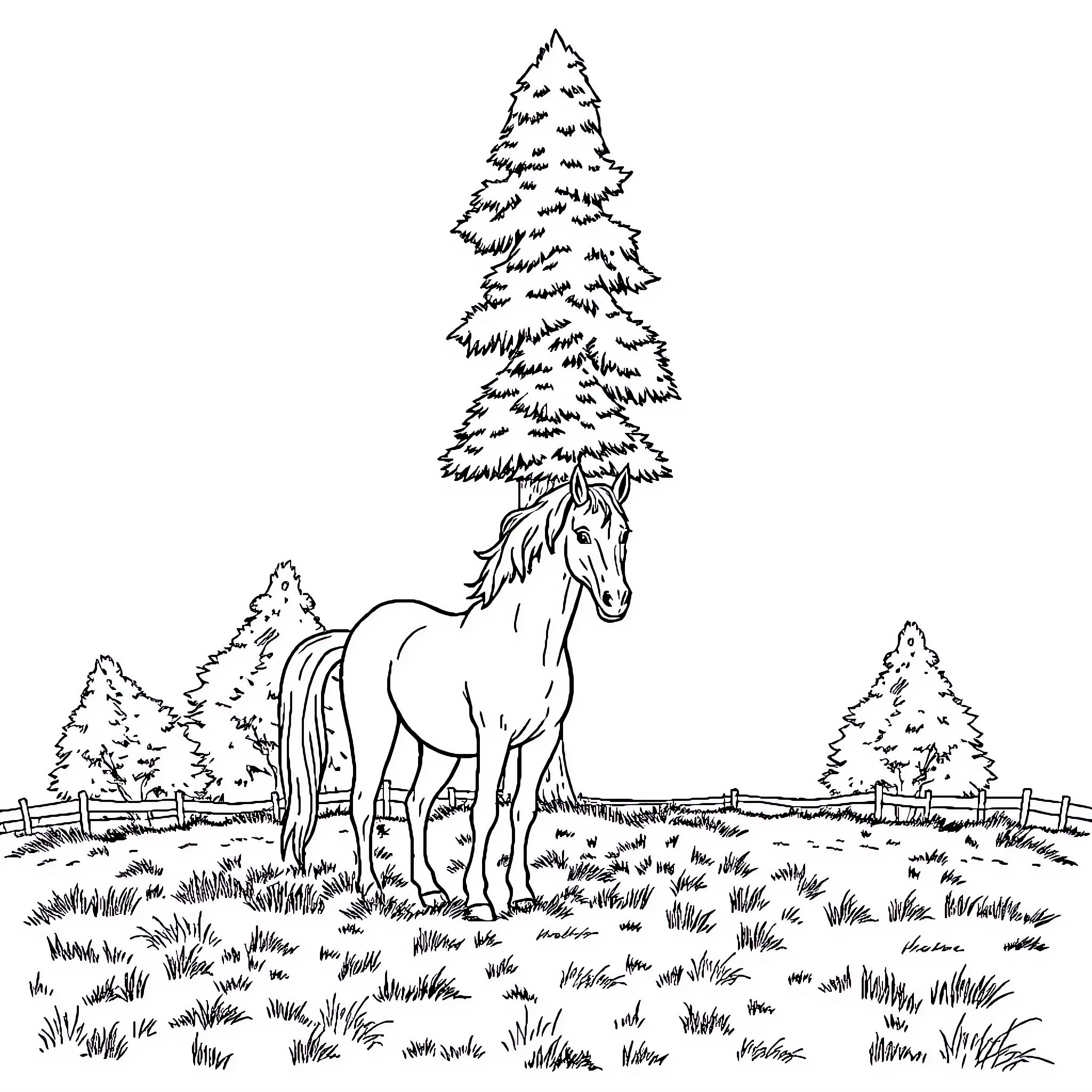 Tree with a horse in a grassy field Coloring Page (free black-and-white line drawing printable PDF for all, from beginners to advanced learners, including children, teens, adults, and seniors)