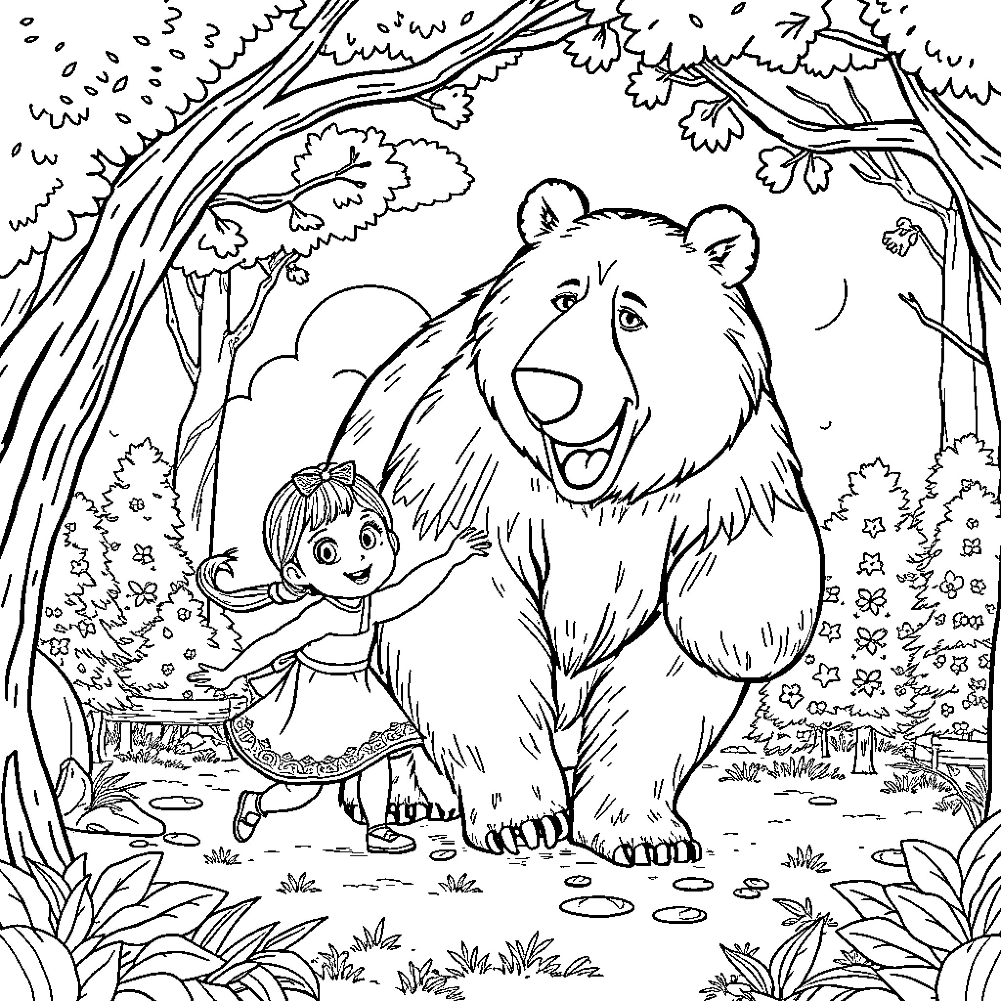 Masha and the Bear in the Forest Coloring Page (free black-and-white line drawing printable PDF for all, from beginners to advanced learners, including children, teens, adults, and seniors)
