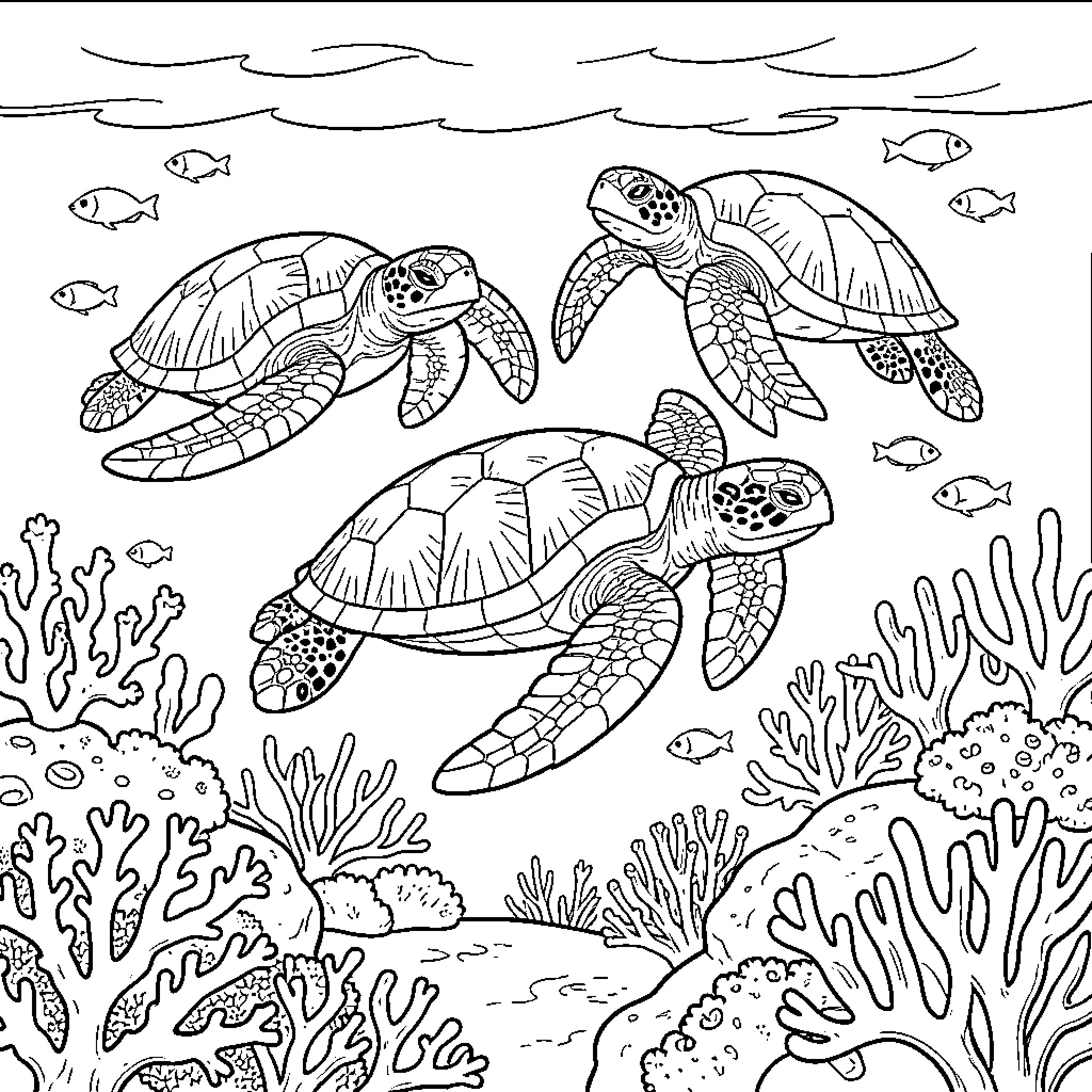 Sea Turtles swimming in the ocean Coloring Page (free black-and-white line drawing printable PDF for all, from beginners to advanced learners, including children, teens, adults, and seniors)