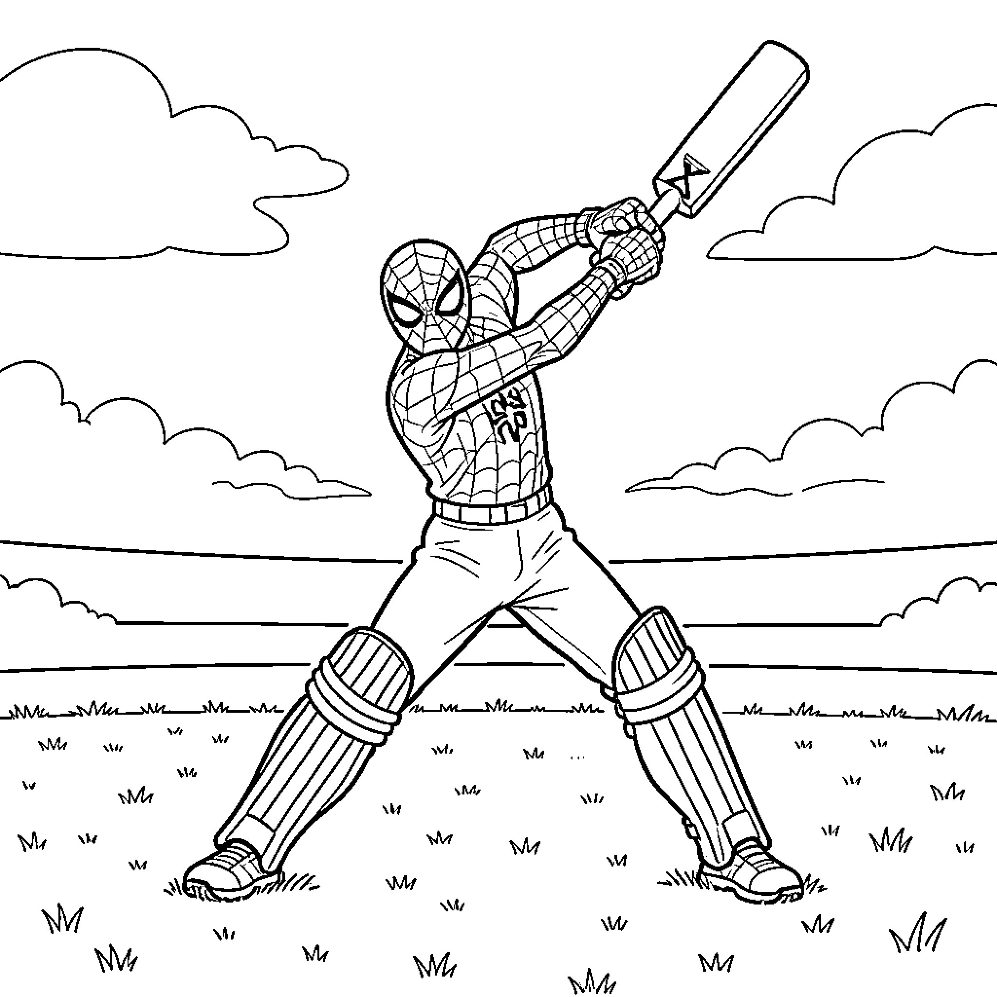 Spiderman batting on the field Coloring Page (free black-and-white line drawing printable PDF for all, from beginners to advanced learners, including children, teens, adults, and seniors)
