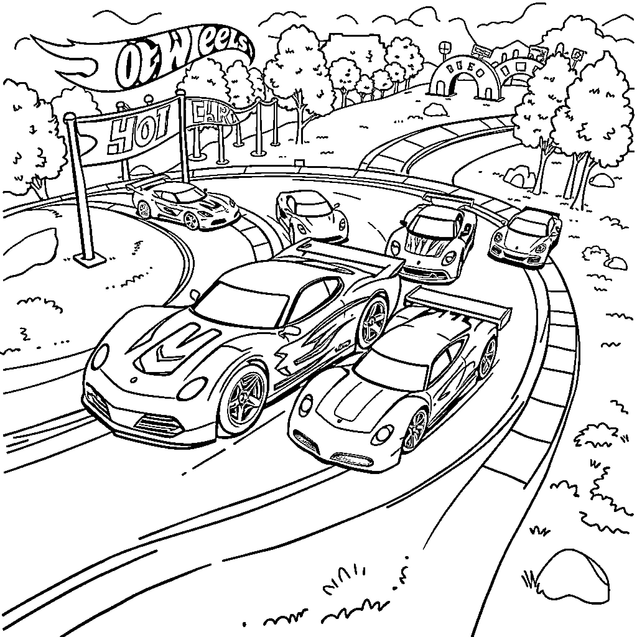 Hot Wheels Racing Adventure Through Town Coloring Page (free black-and-white line drawing printable PDF for all, from beginners to advanced learners, including children, teens, adults, and seniors)