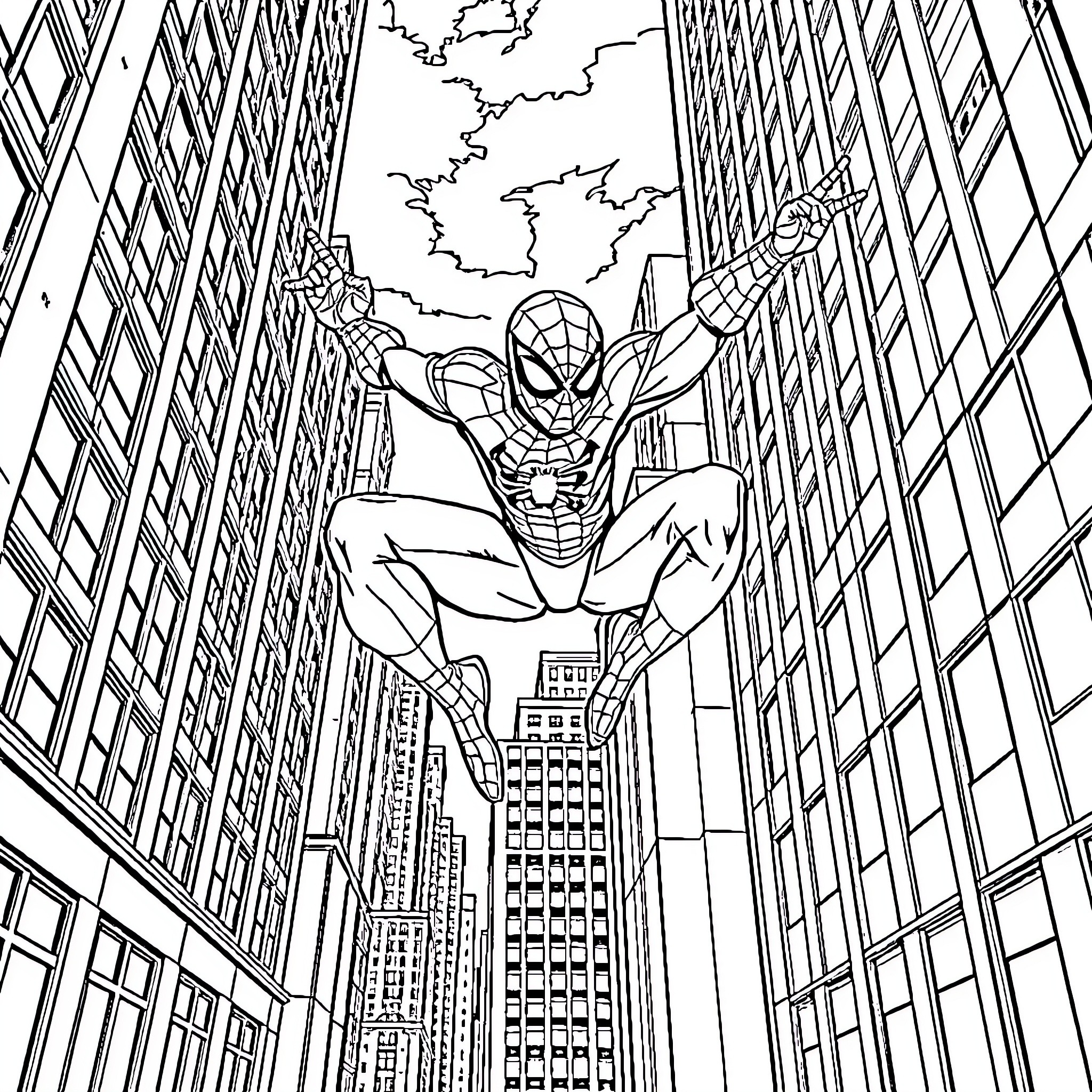 Spidey swinging through the city skyscrapers Coloring Page (free black-and-white line drawing printable PDF for all, from beginners to advanced learners, including children, teens, adults, and seniors)