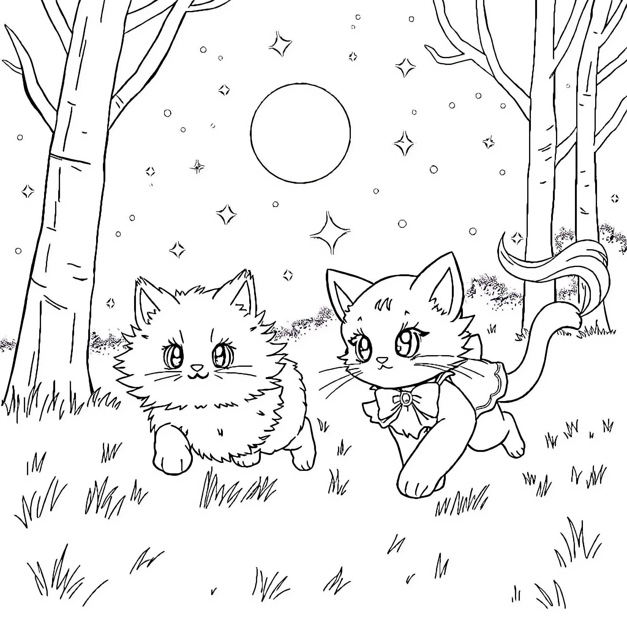 Kitty Cats Exploring Starry Night Wonderland Coloring Page (free black-and-white line drawing printable PDF for all, from beginners to advanced learners, including children, teens, adults, and seniors)