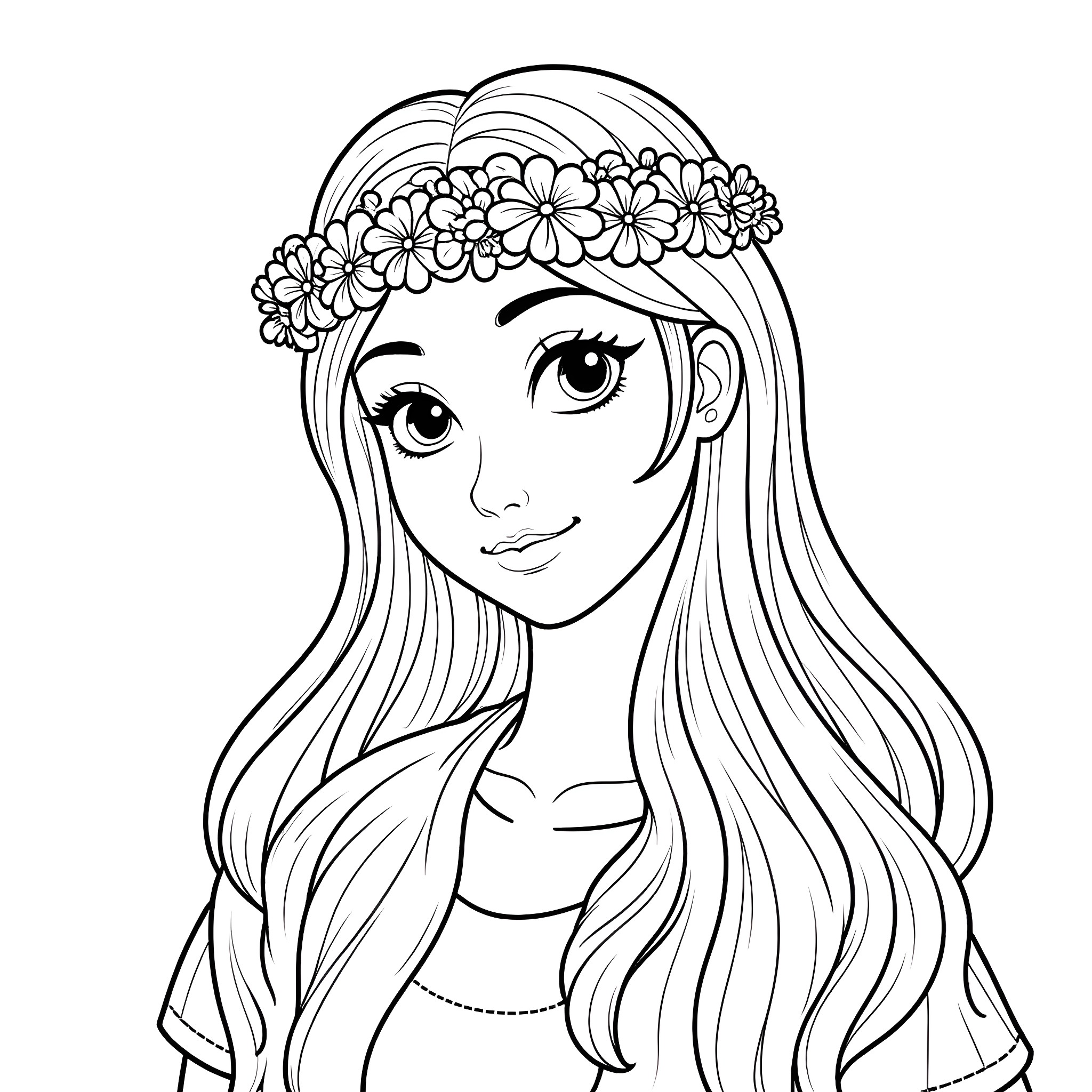 Sans Floral Girl in Pensive Gaze Coloring Page (free black-and-white line drawing printable PDF for all, from beginners to advanced learners, including children, teens, adults, and seniors)