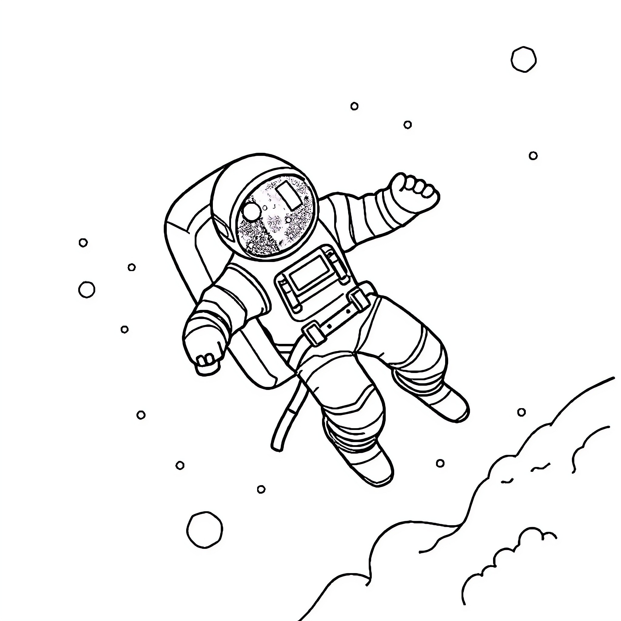 Astronaut floating in space Coloring Page (free black-and-white line drawing printable PDF for all, from beginners to advanced learners, including children, teens, adults, and seniors)
