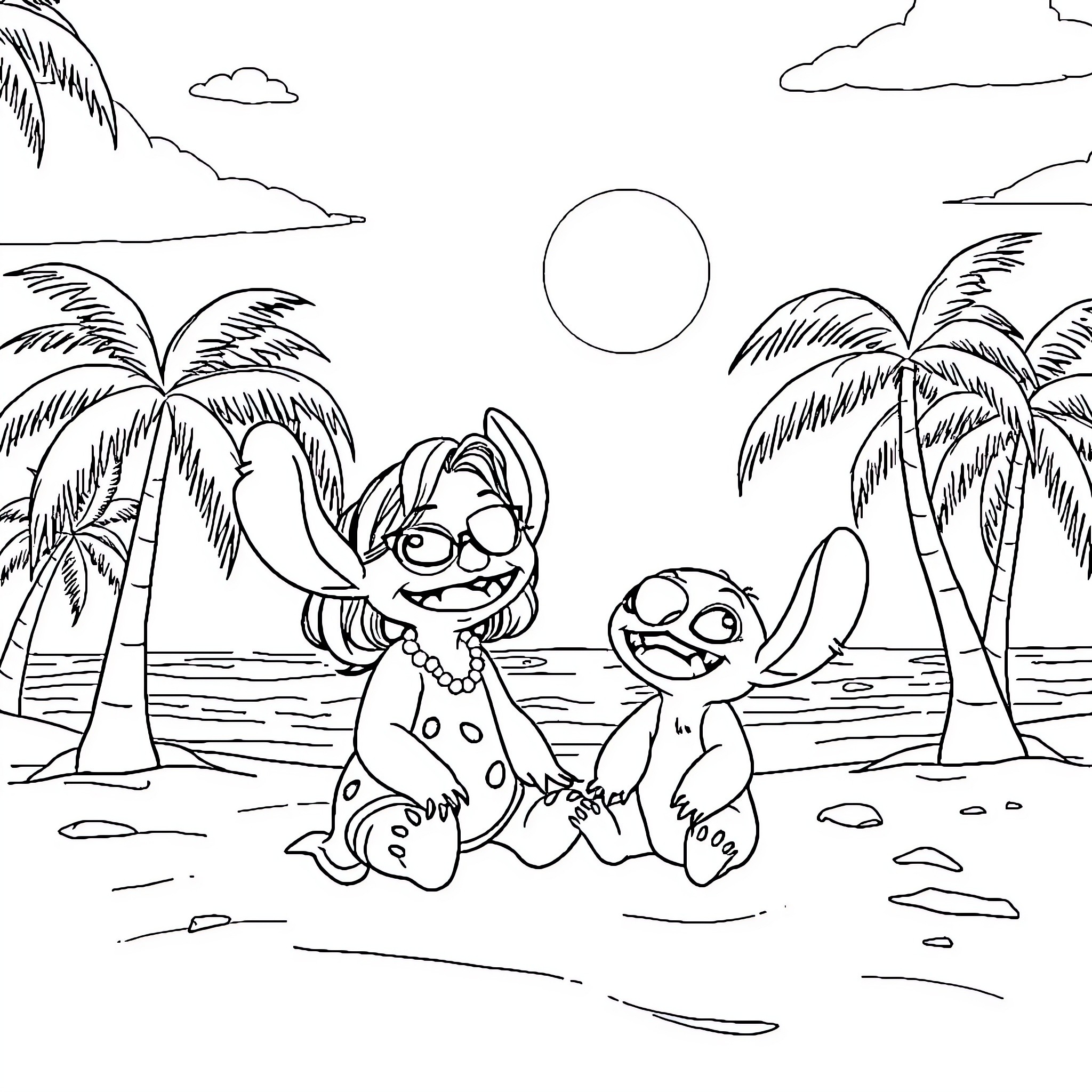 Lilo And Stitch playing happily on the beach Coloring Page (free black-and-white line drawing printable PDF for all, from beginners to advanced learners, including children, teens, adults, and seniors)