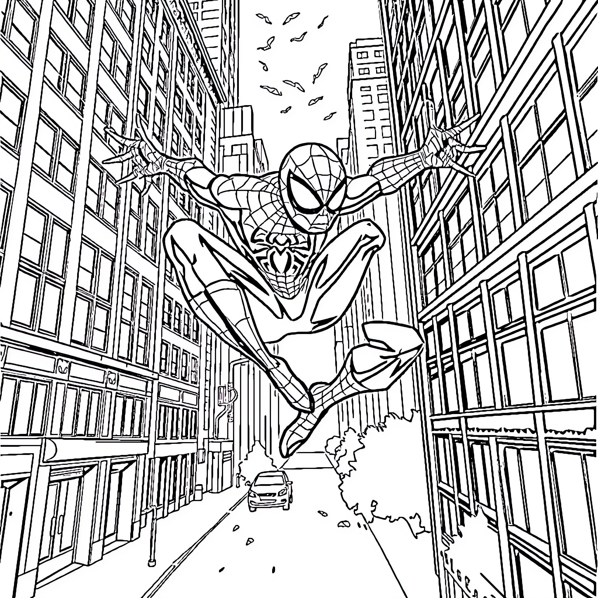 Spider-Man swinging through the city streets Coloring Page (free black-and-white line drawing printable PDF for all, from beginners to advanced learners, including children, teens, adults, and seniors)
