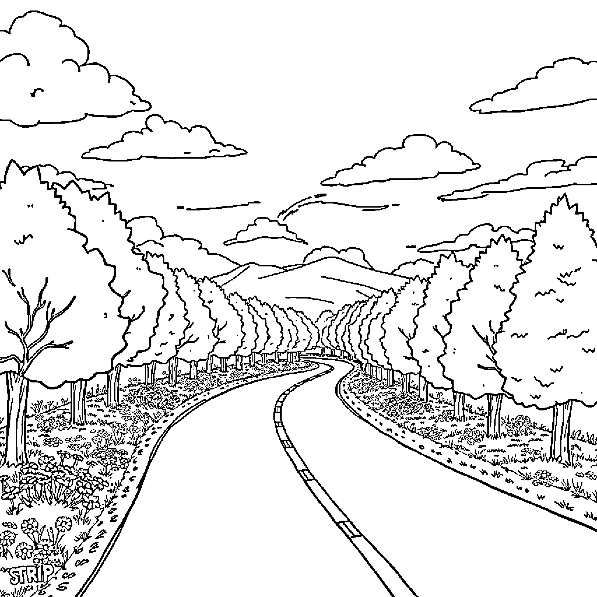 Cow wandering along a winding mountain road Coloring Page (free black-and-white line drawing printable PDF for all, from beginners to advanced learners, including children, teens, adults, and seniors)