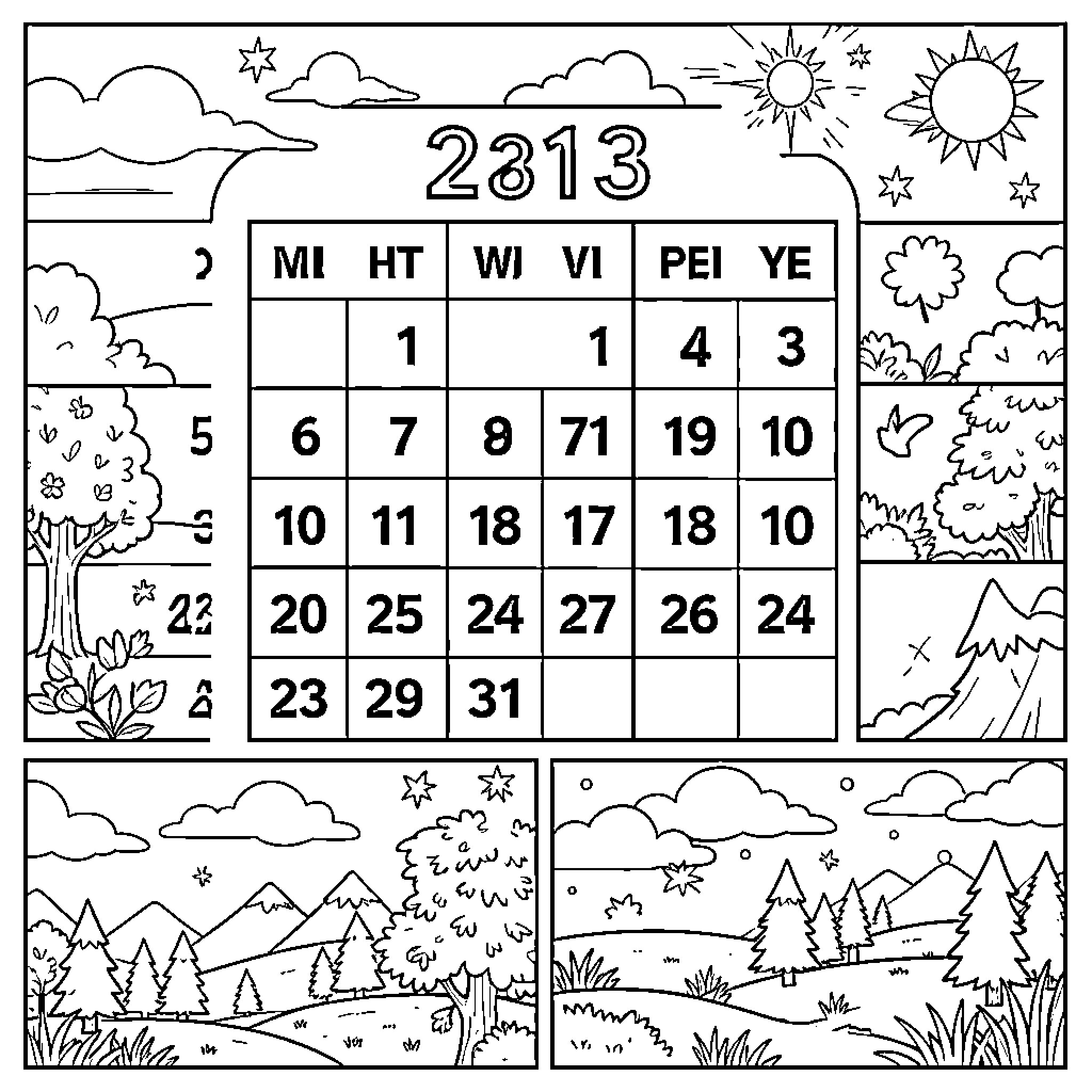 Date calendar surrounded by various landscape scenes Coloring Page (free black-and-white line drawing printable PDF for all, from beginners to advanced learners, including children, teens, adults, and seniors)