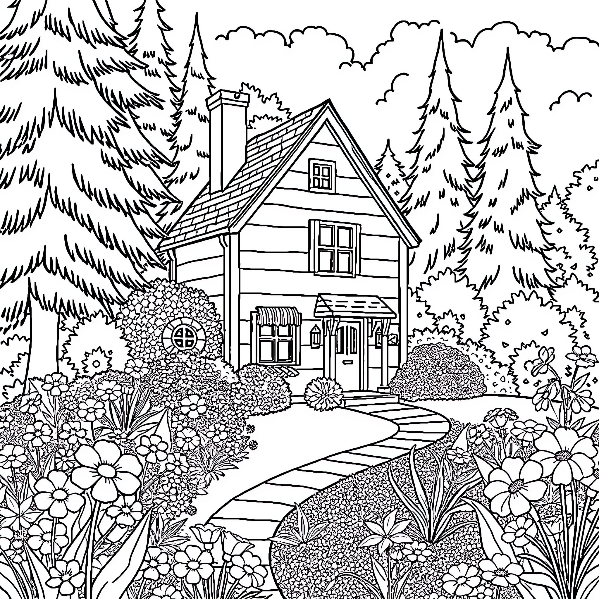House in a Serene Forest Landscape Coloring Page (free black-and-white line drawing printable PDF for all, from beginners to advanced learners, including children, teens, adults, and seniors)