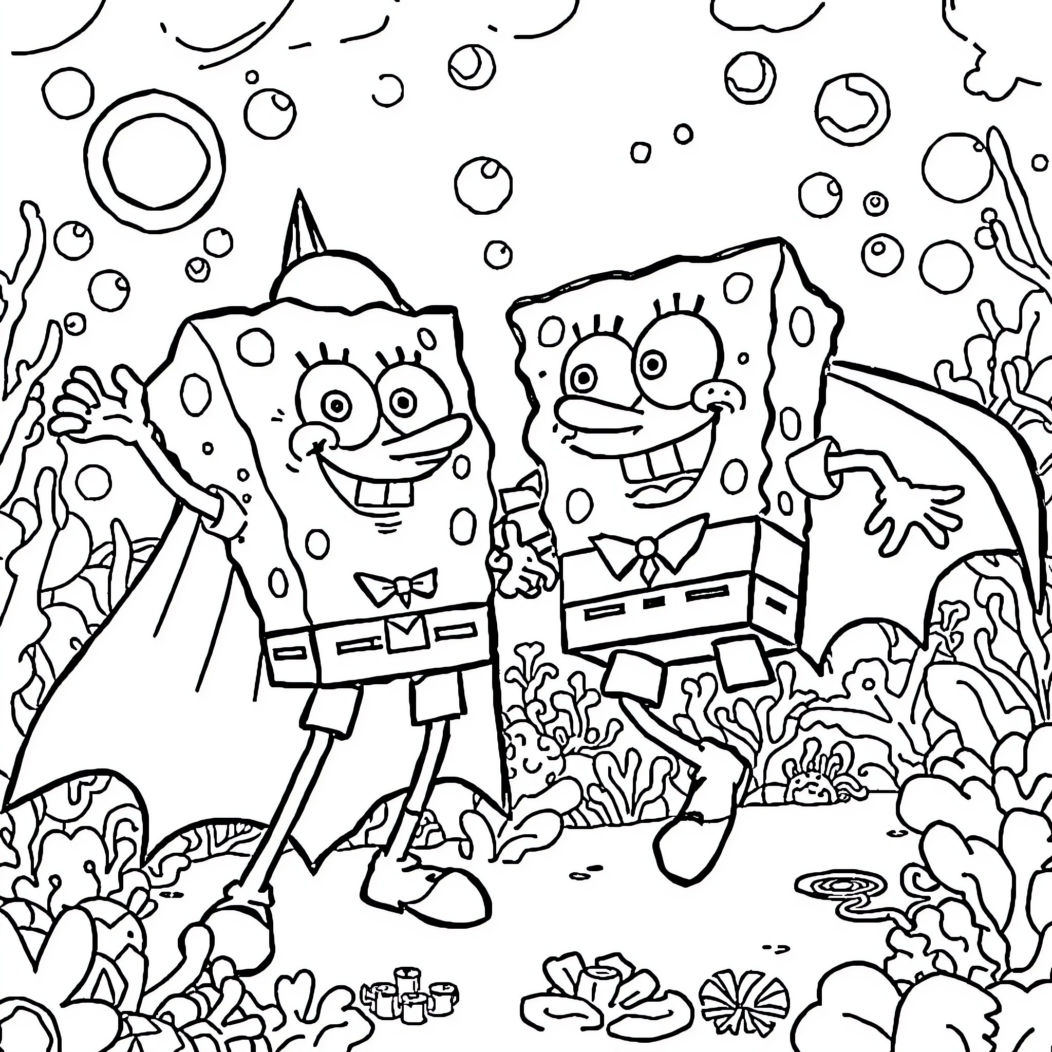 Spongebob and Patrick in an underwater adventure Coloring Page (free black-and-white line drawing printable PDF for all, from beginners to advanced learners, including children, teens, adults, and seniors)